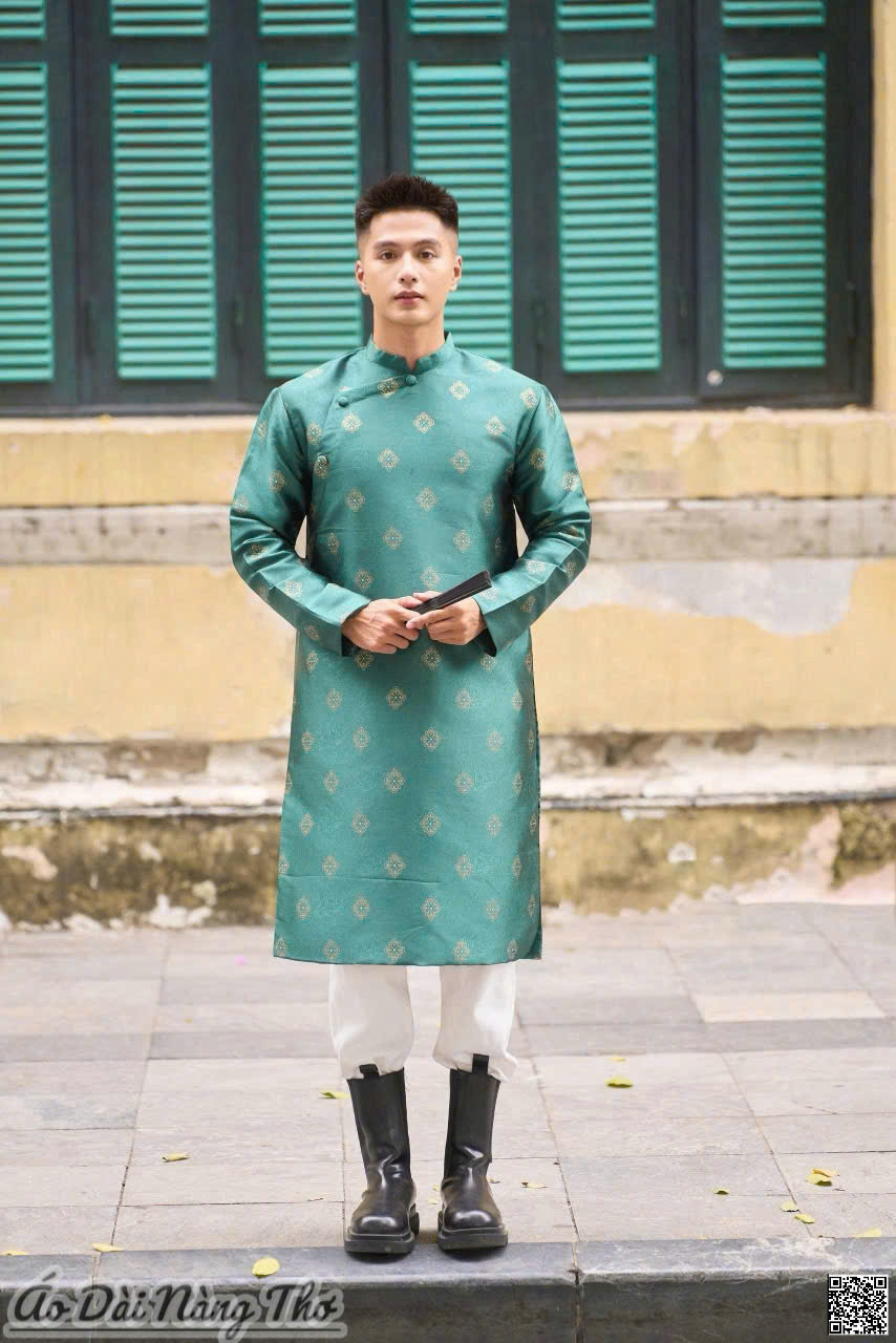 Áo Dài Nam Gấm Xanh Cổ Vịt Họa Tiết Nhí Thanh Lịch