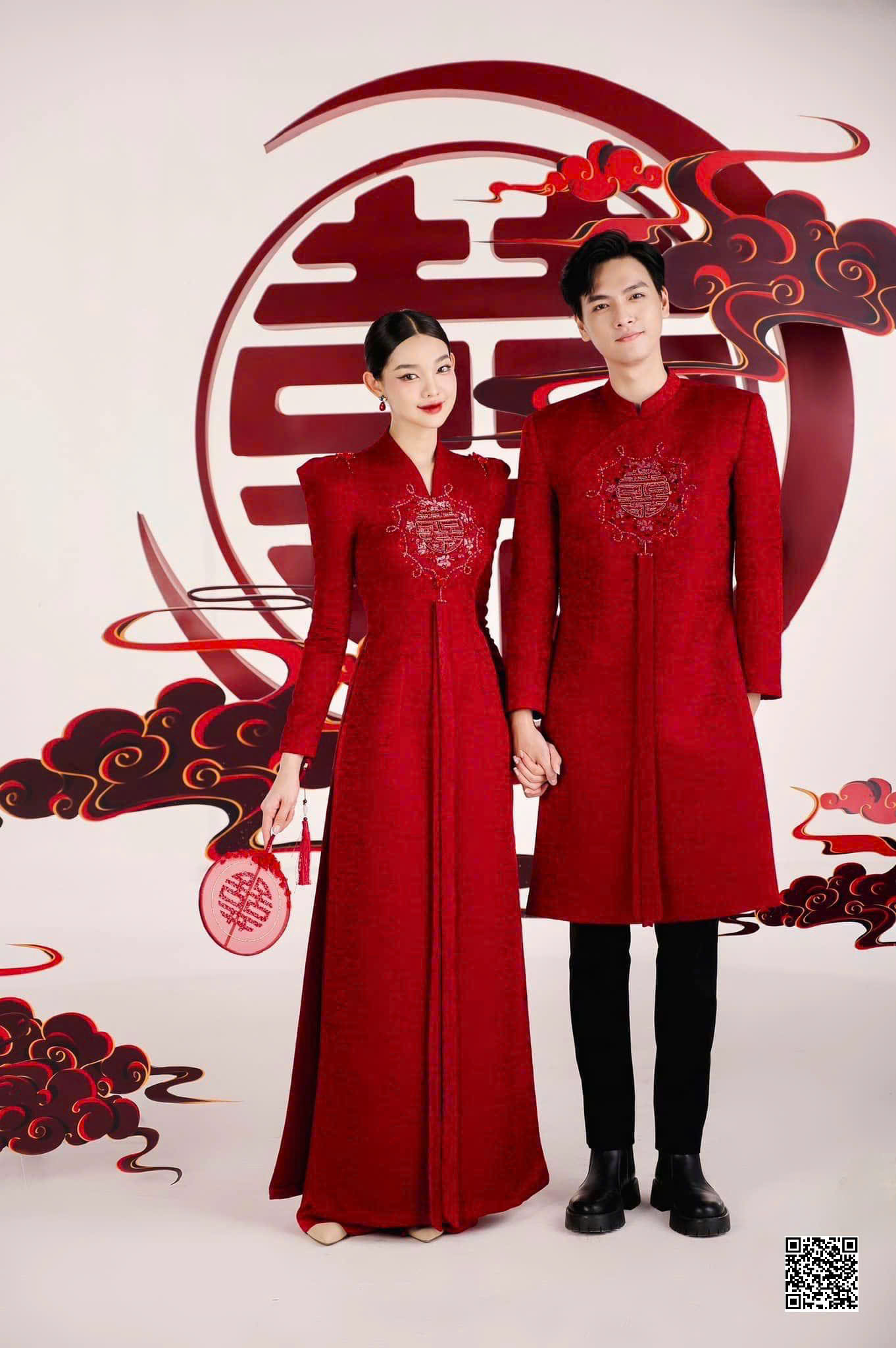 Áo Dài Cưới Họa Tiết Song Hỷ Tay Phồng Cách Điệu