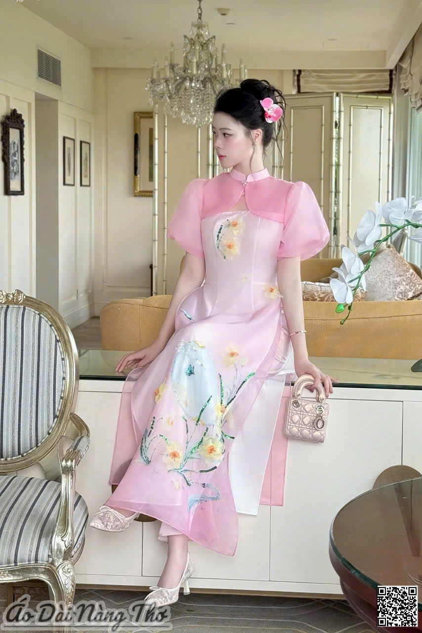 Áo Dài Cách Tân Voan Hồng Tay Phồng Xinh Xắn