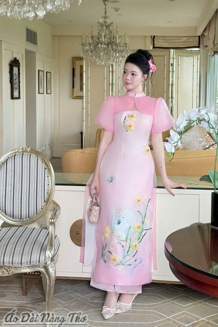 Áo Dài Cách Tân Voan Hồng Tay Phồng Xinh Xắn