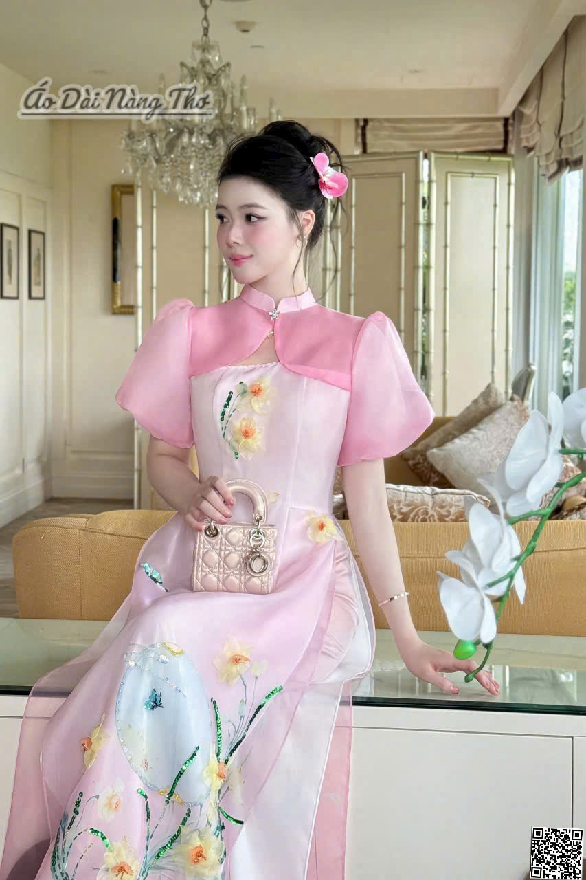 Áo Dài Cách Tân Voan Hồng Tay Phồng Xinh Xắn