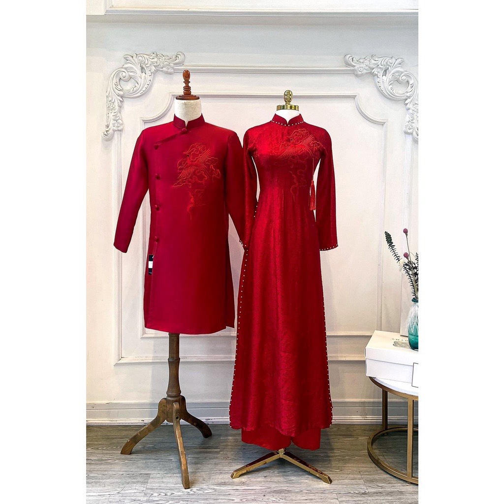 Áo Dài Cưới Cặp Đôi Gấm Đỏ Thêu