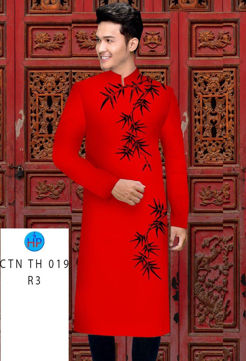Áo Dài Nam Đỏ Vẽ Họa Tiết Lá