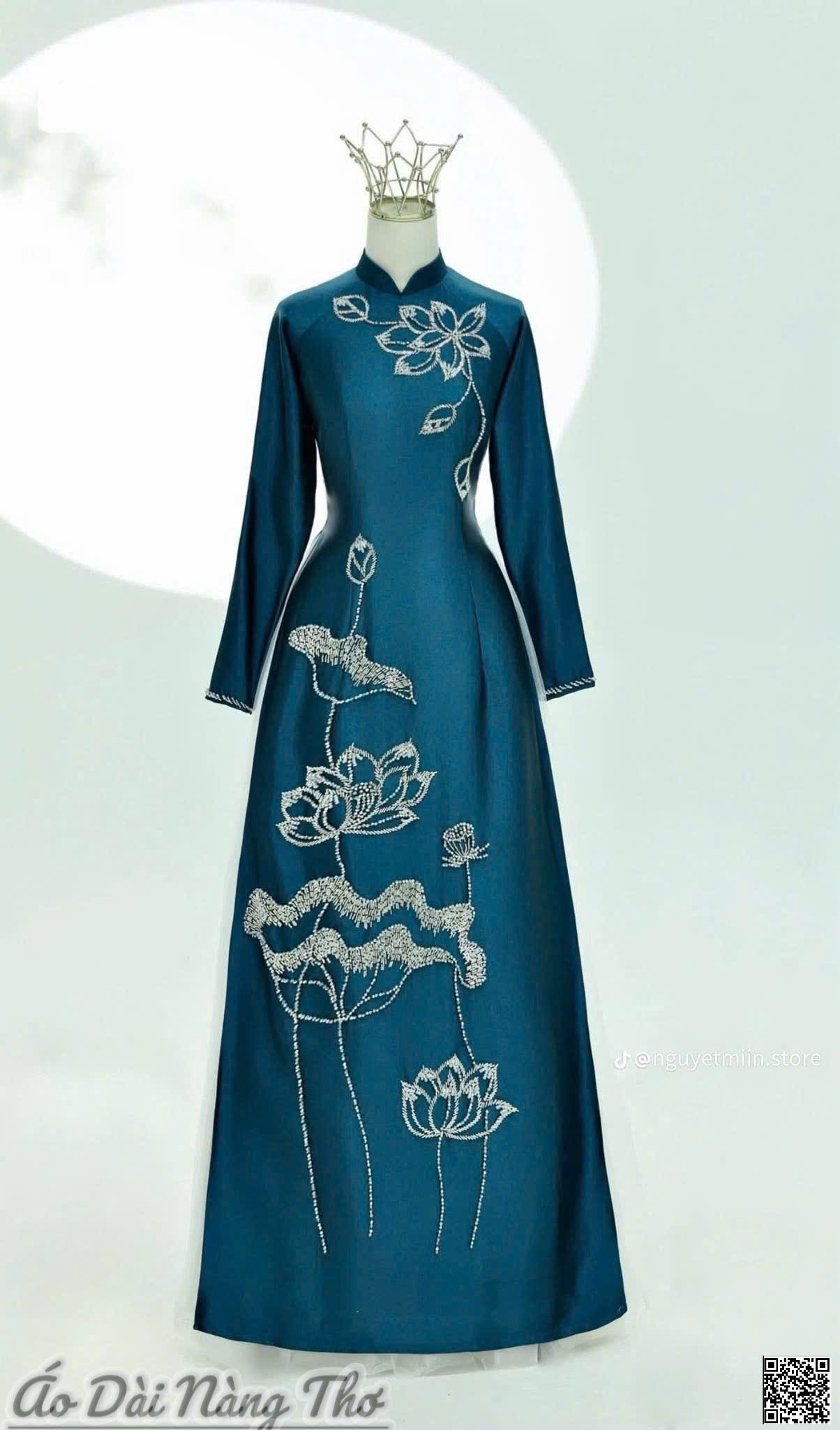 Áo Dài Bà Sui Lụa Xanh Họa Tiết Kết Xắc Xảo