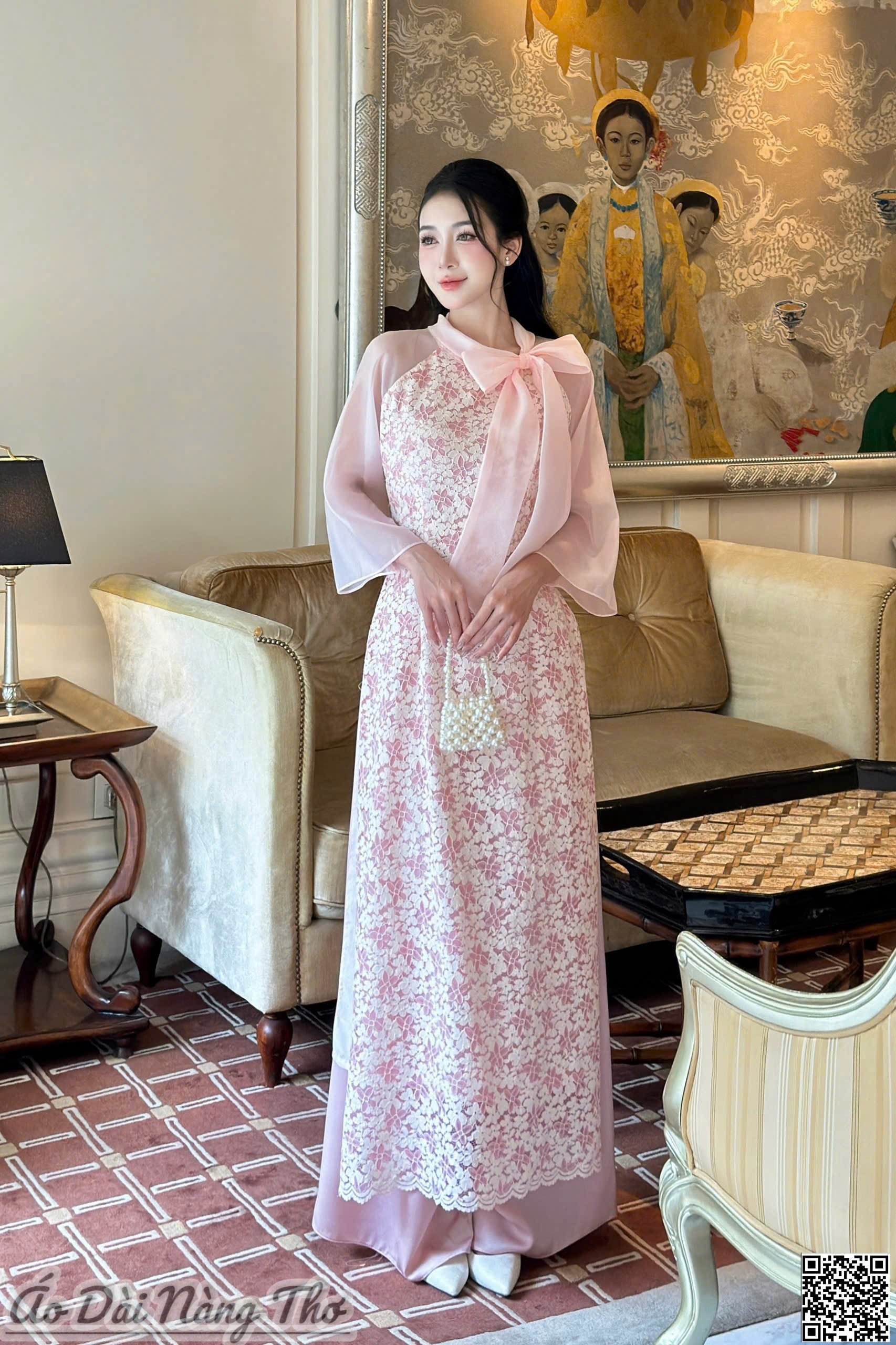 Áo Dài Cách Tân Voan Hồng Họa Tiết Nơ Cổ Xinh Xắn