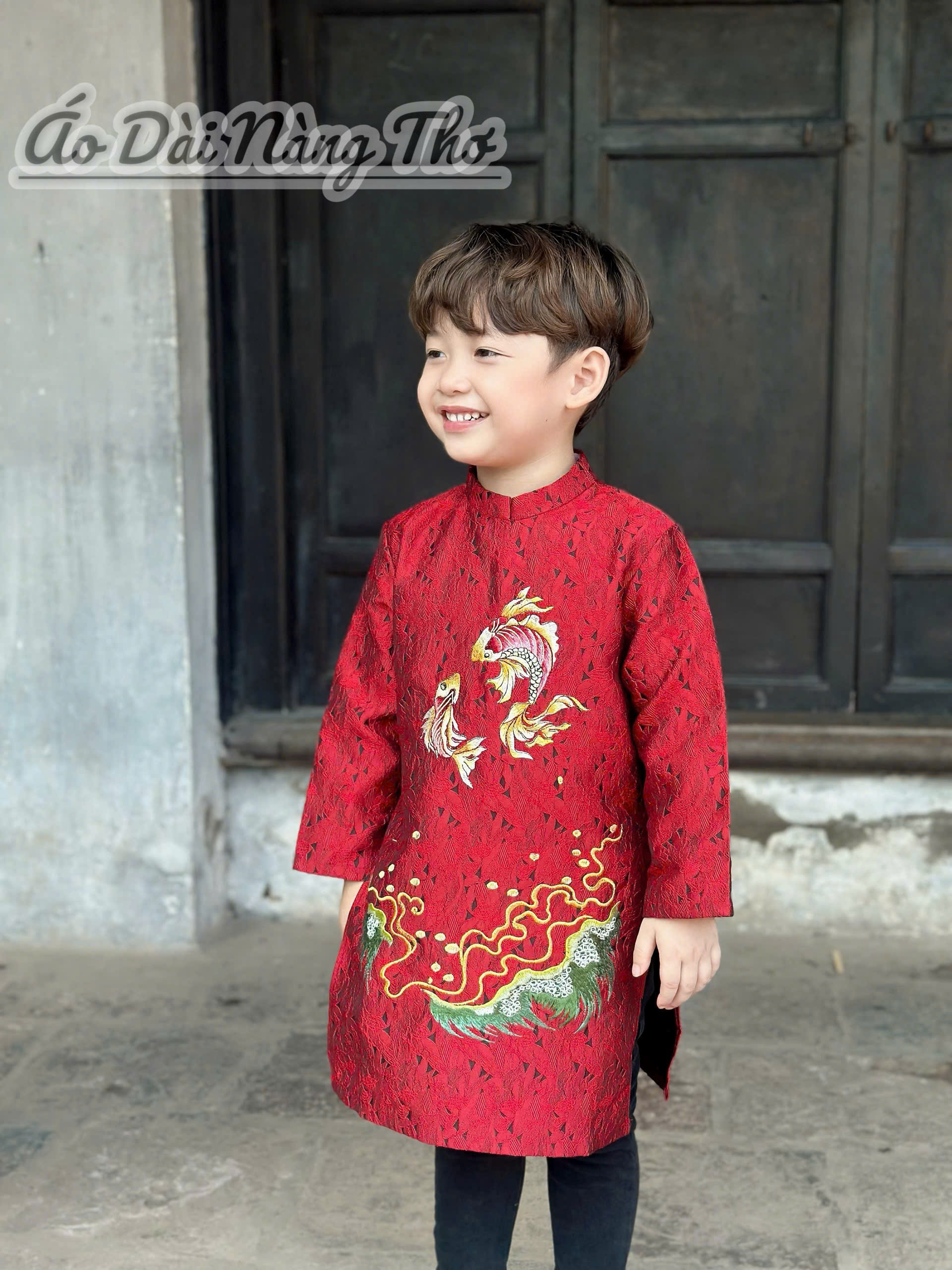 Áo Dài Bé Trai Gấm Đỏ Họa Tiết Cá Chép
