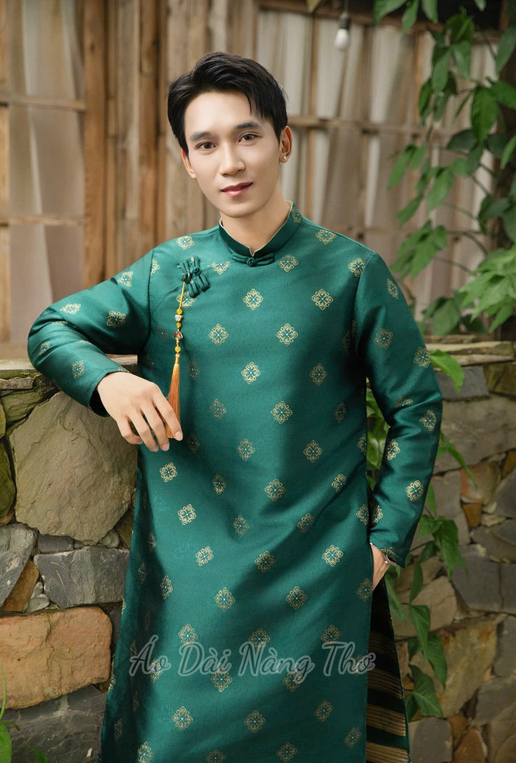 Áo Dài Nam Tafta Xanh Rêu Nút Tàu