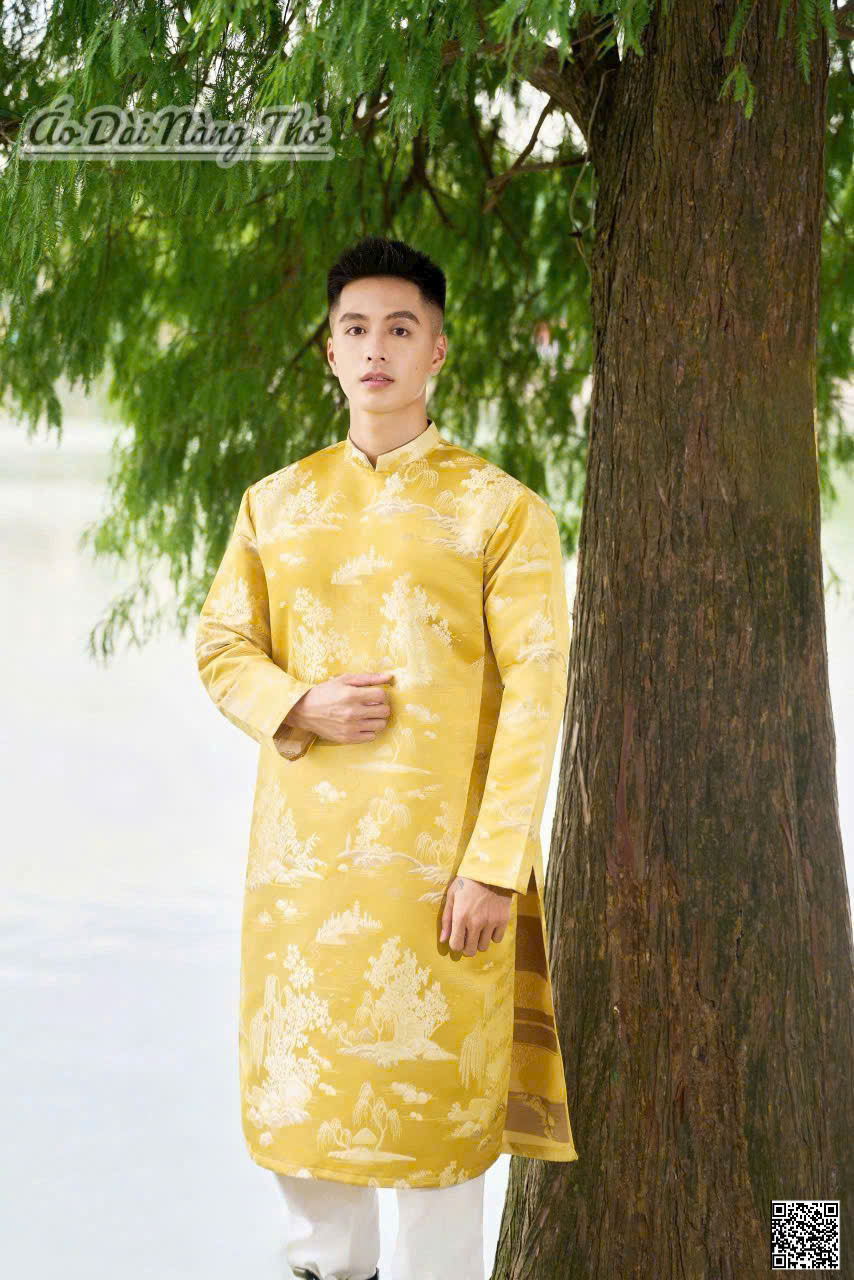Áo Dài Nam Gấm Vàng Nhũ Họa Tiết Sang Trọng