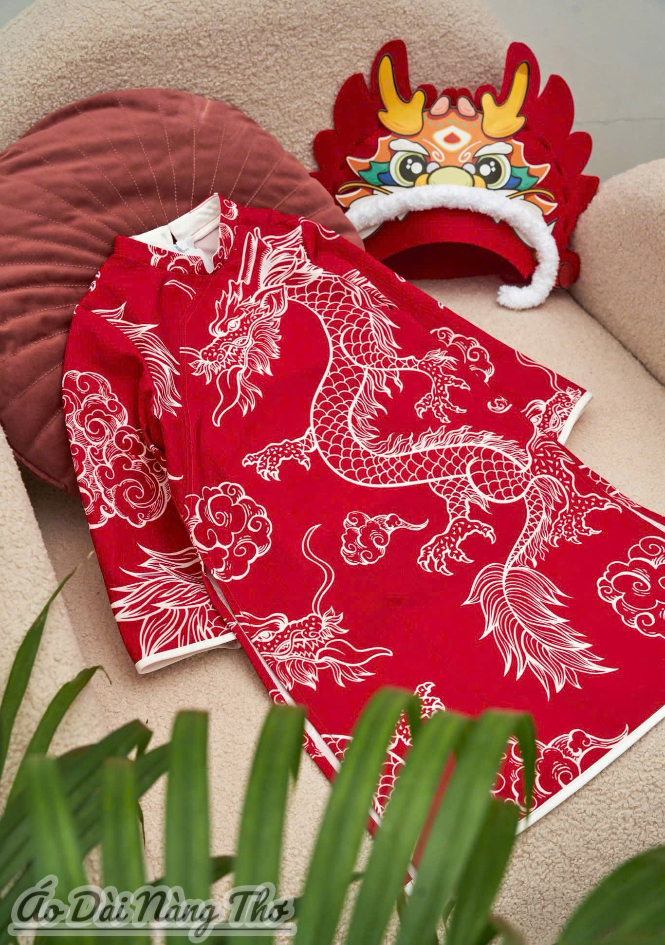 Áo Dài Bé Trai Tafta Đỏ Họa Tiết Rồng 3D