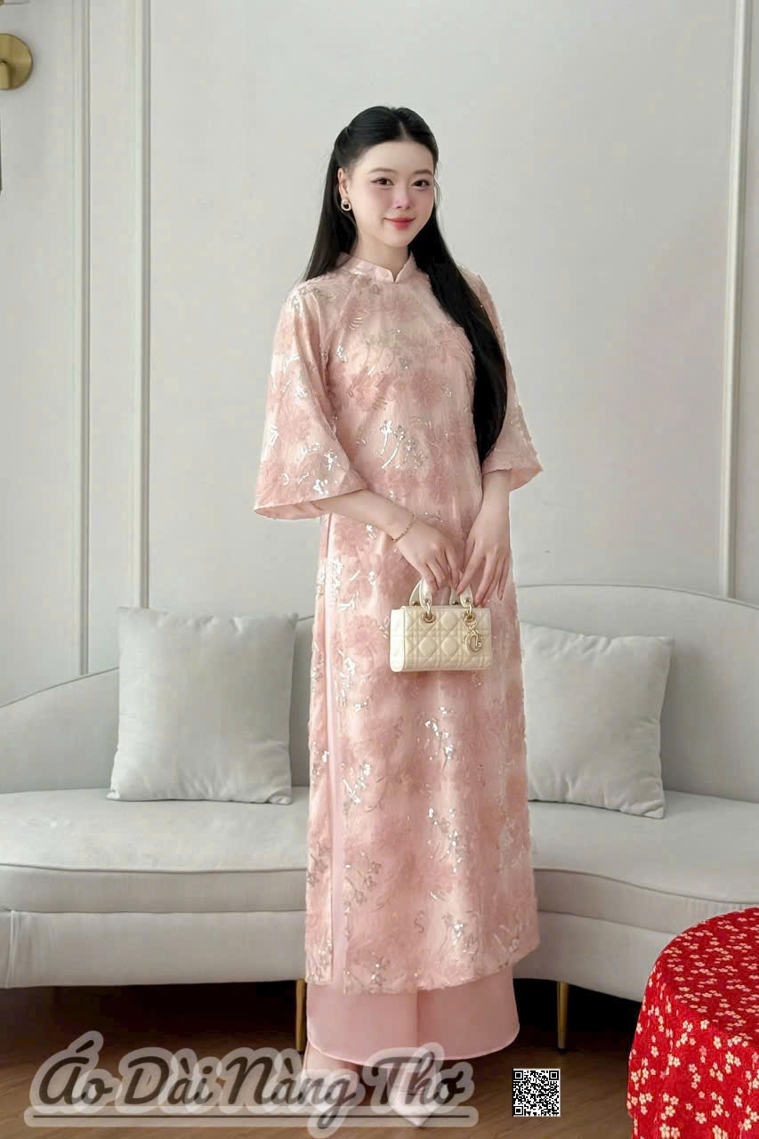 Áo Dài Cách Tân Vải Lụa Kim Sa Tay Lỡ Đáng Yêu