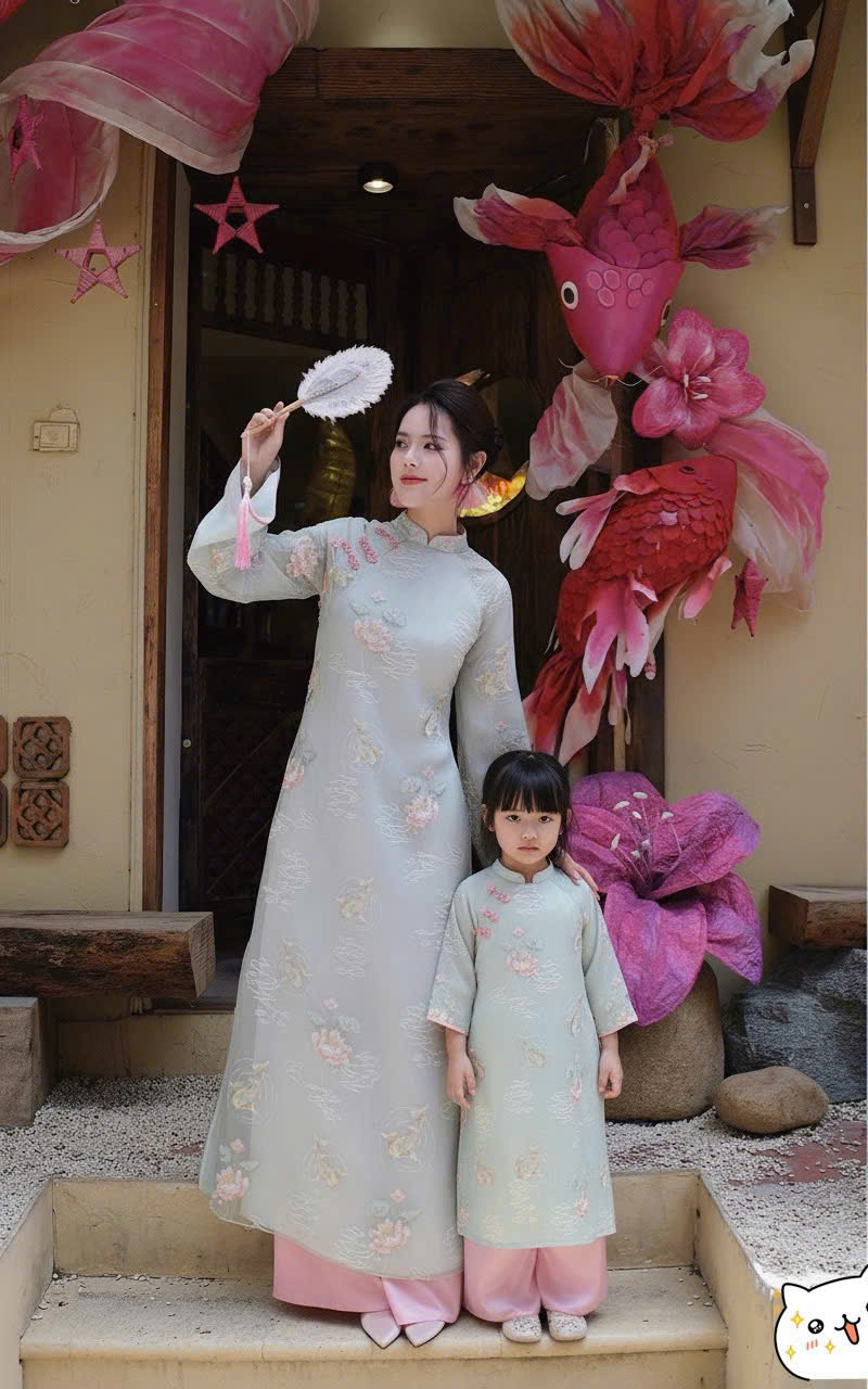 Áo Dài Mẹ Và Bé Voan Họa Tiết Thêu Nổi Tay Loe