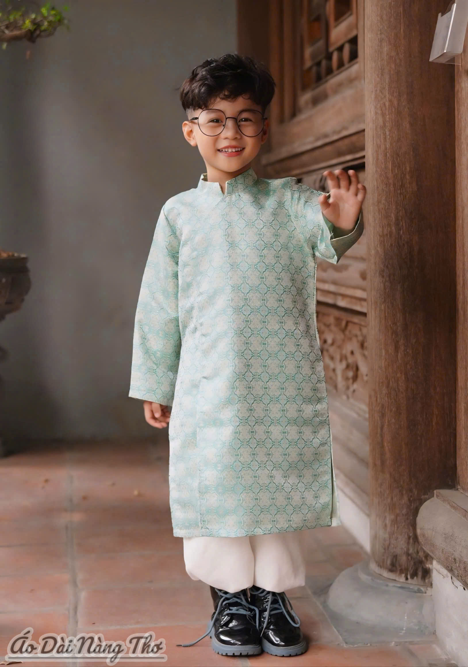 Áo Dài Bé Trai Gấm Xanh Họa Tiết Đồng Tiền