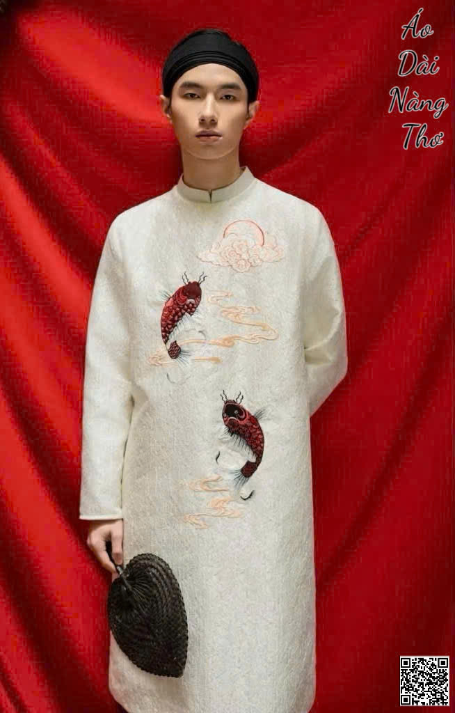 Áo Dài Nam Gấm Kem Họa Tiết Thêu Cá Chép