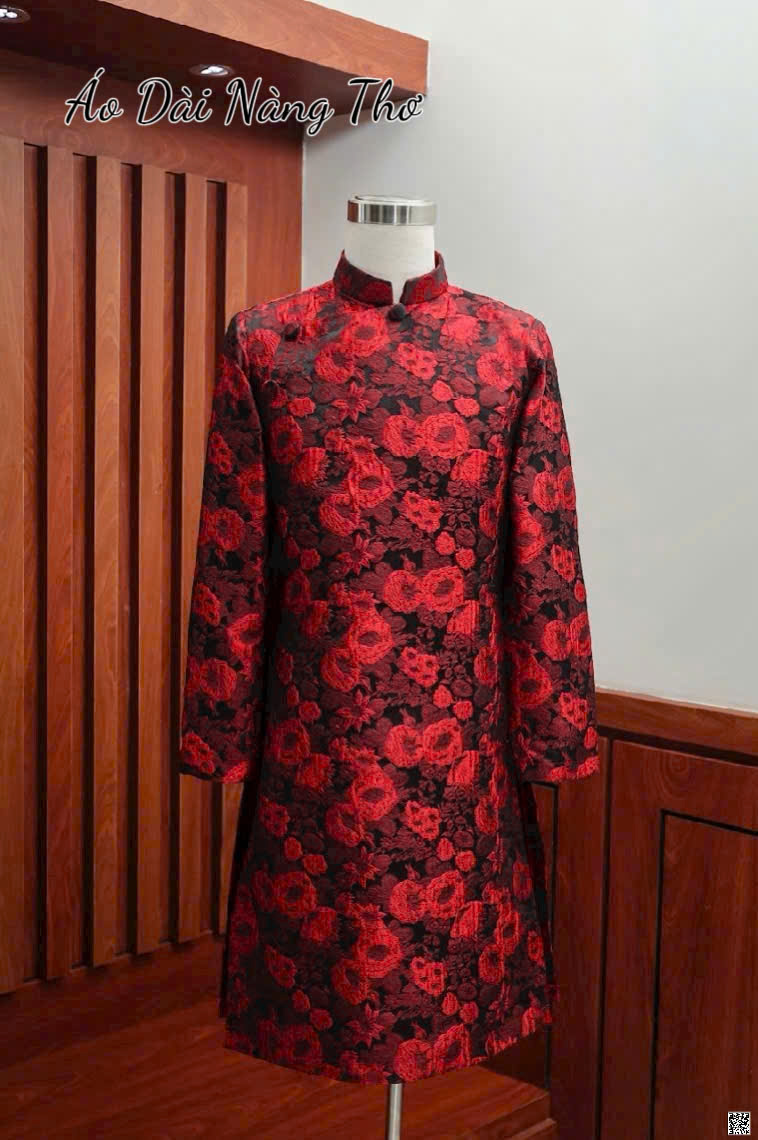 Áo Dài Nam Tafta Đỏ Đô Họa Tiết Gân Nổi