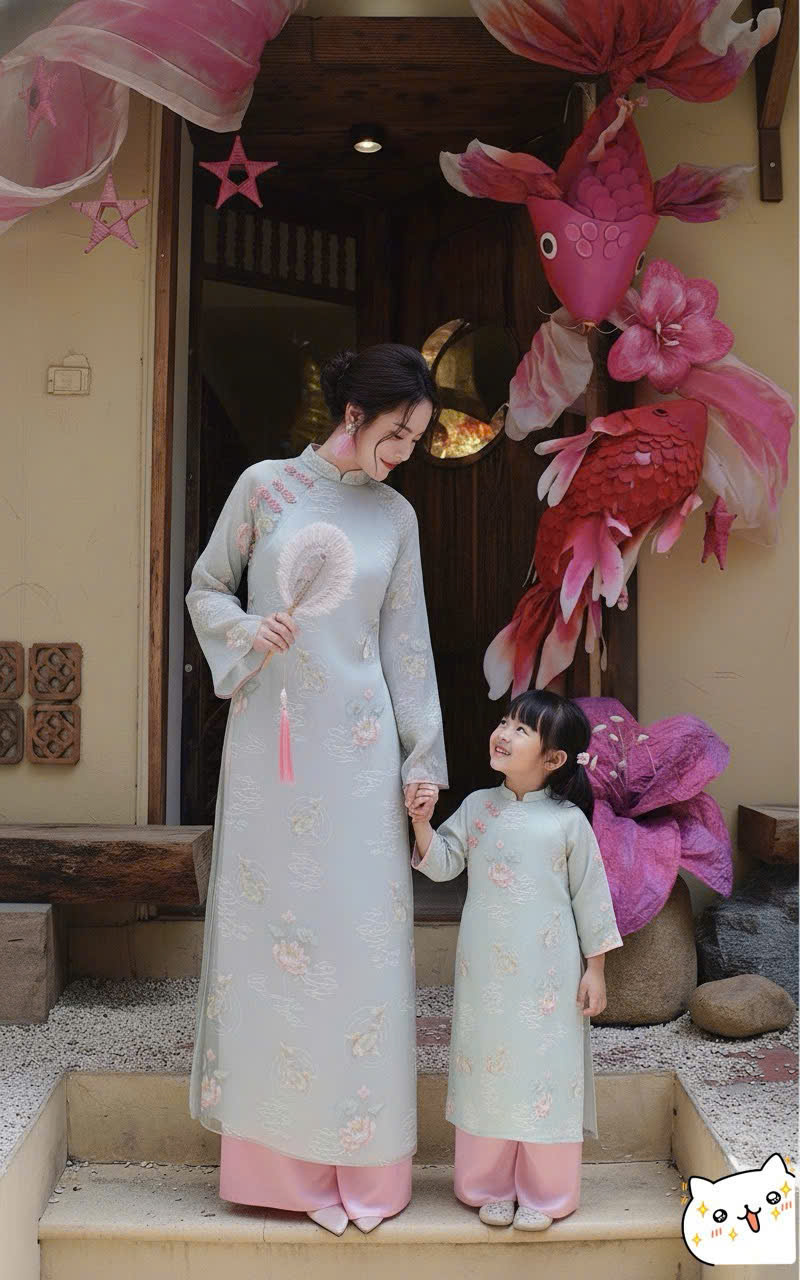 Áo Dài Mẹ Và Bé Voan Họa Tiết Thêu Nổi Tay Loe