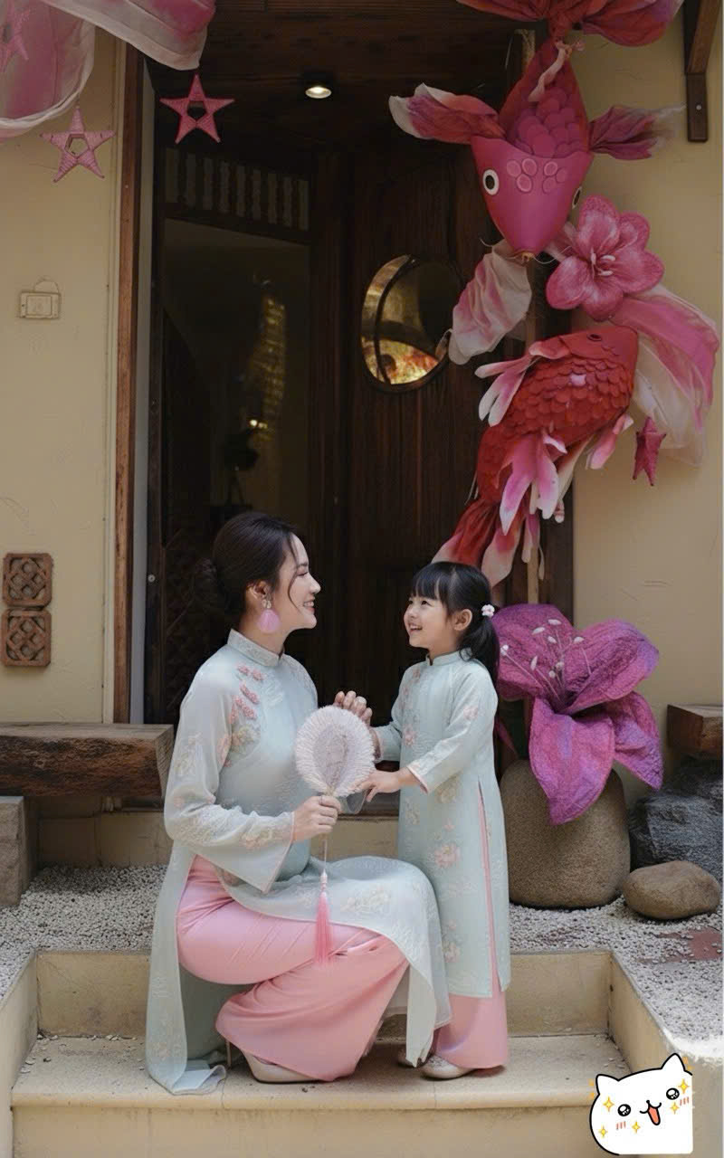 Áo Dài Mẹ Và Bé Voan Họa Tiết Thêu Nổi Tay Loe