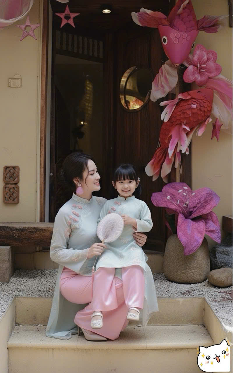 Áo Dài Mẹ Và Bé Voan Họa Tiết Thêu Nổi Tay Loe