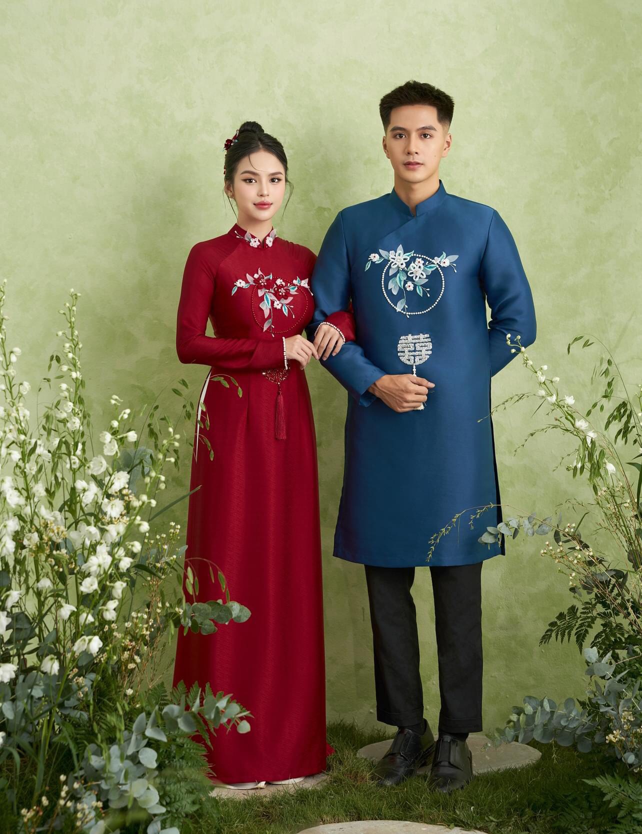 Áo Dài Cưới Cặp Đôi Họa Tiết Song Hỷ  Phối Hoa Cách Điệu
