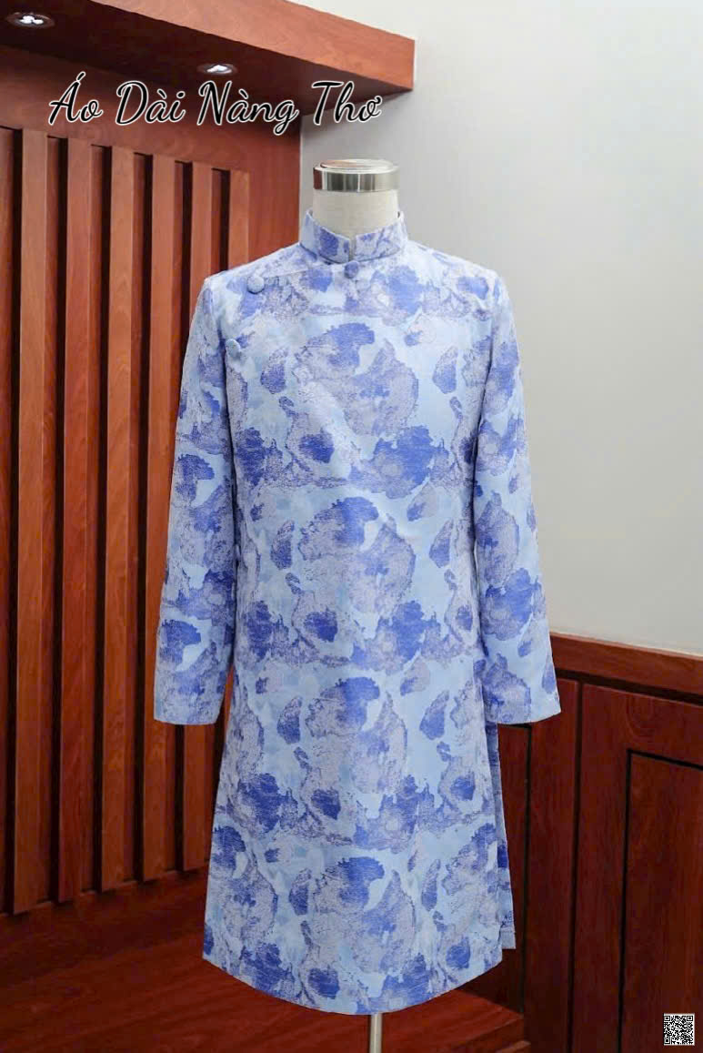 Áo Dài Nam Tafta Xanh Họa Tiết Loang
