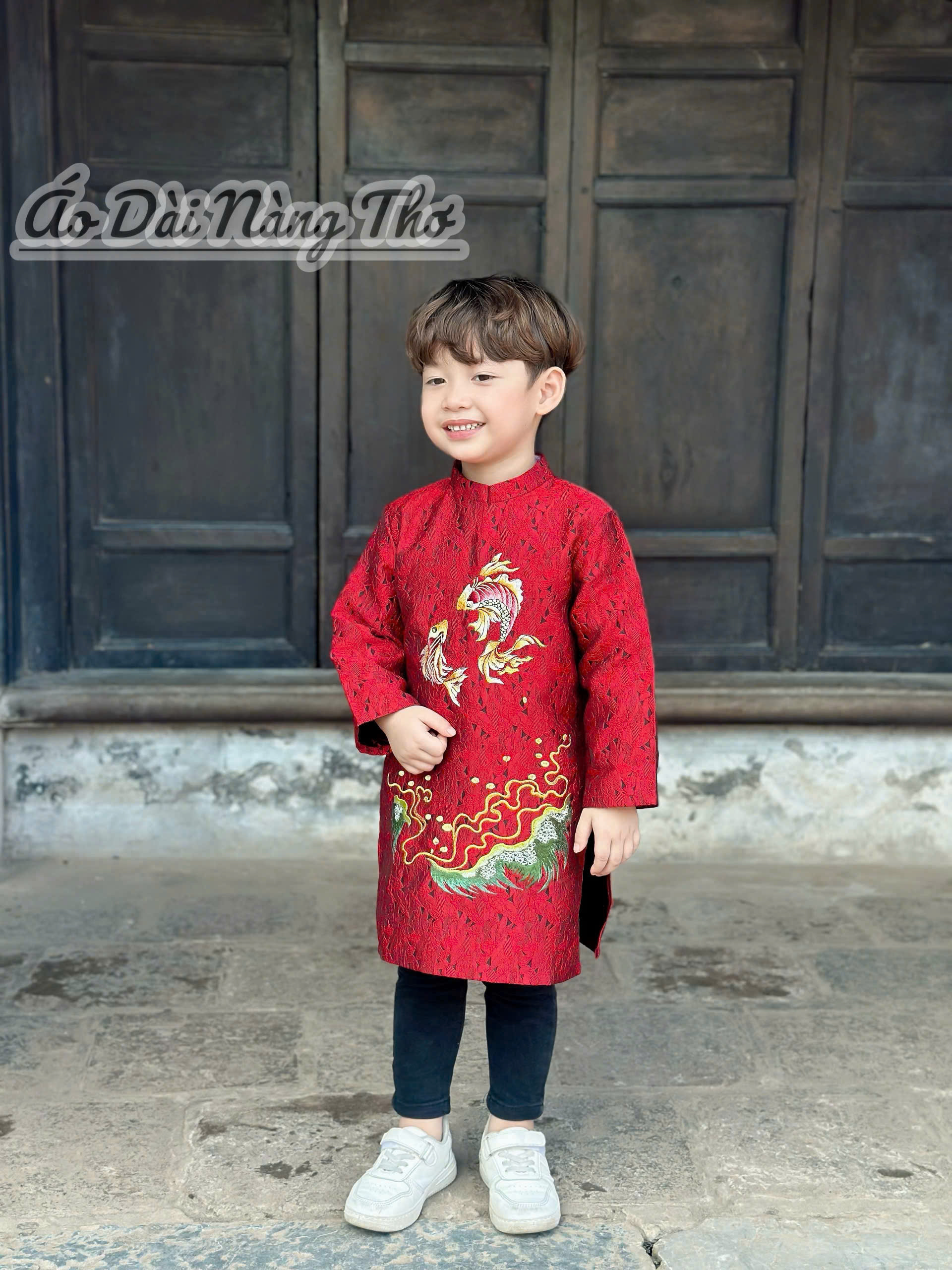Áo Dài Bé Trai Gấm Đỏ Họa Tiết Cá Chép