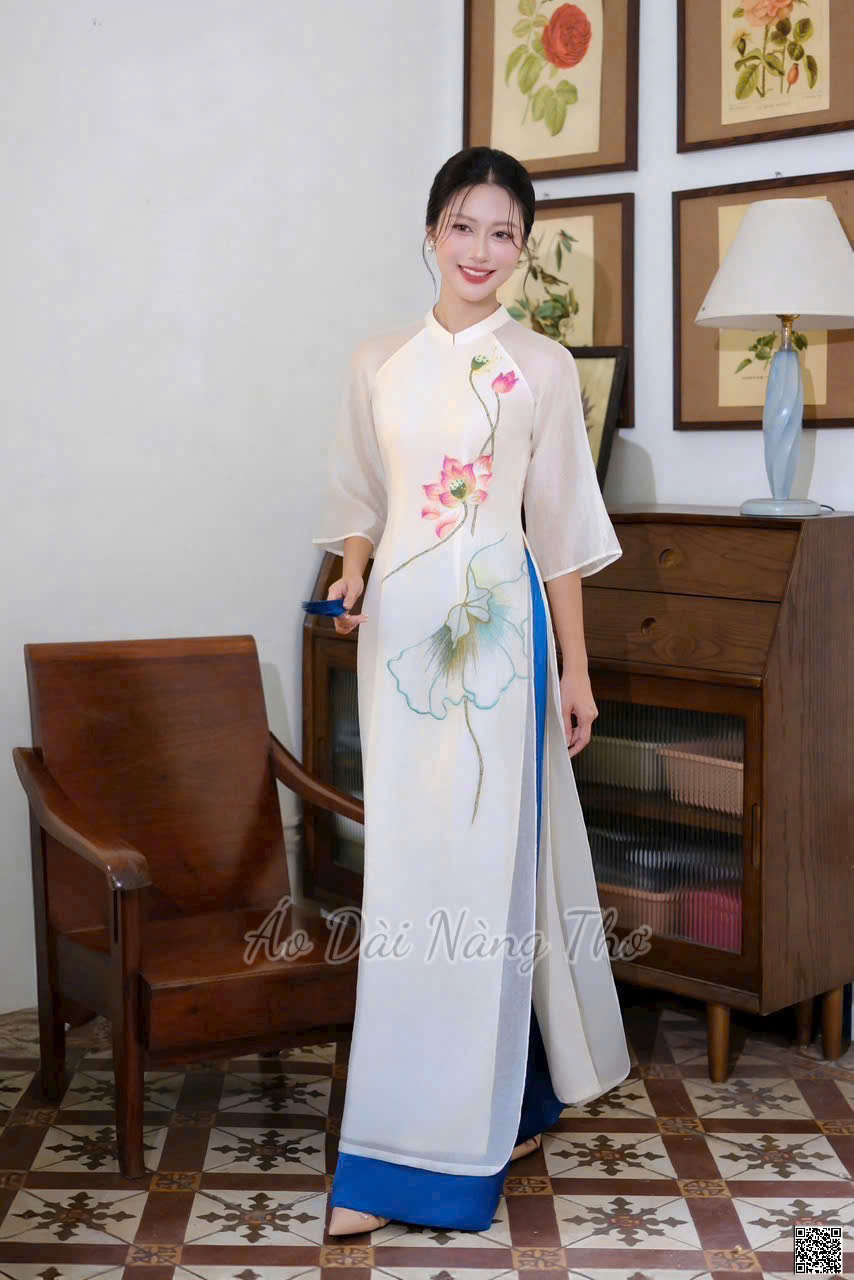 Áo Dài Tay Lỡ Loe Voan Trắng Thêu Họa Tiết Hoa Sen