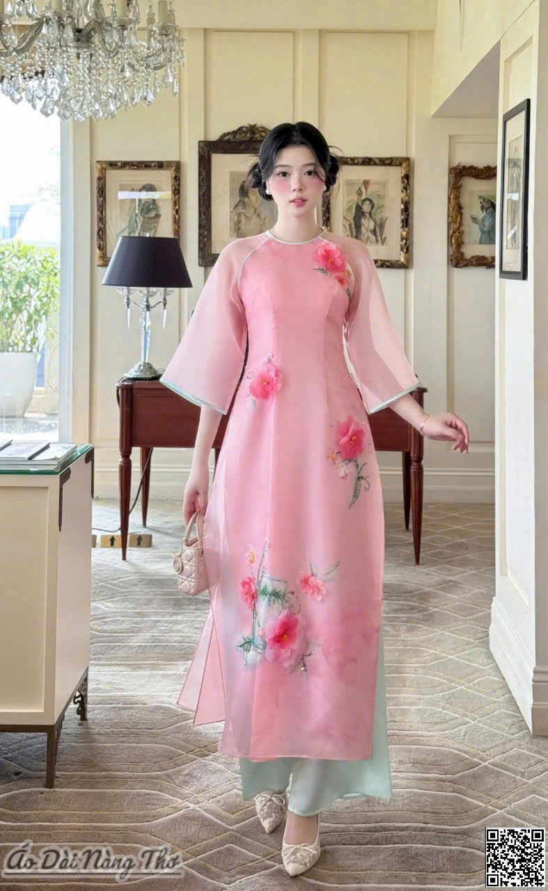 Áo Dài Cách Tân Hồng Tay Lỡ Loe Xinh Xắn