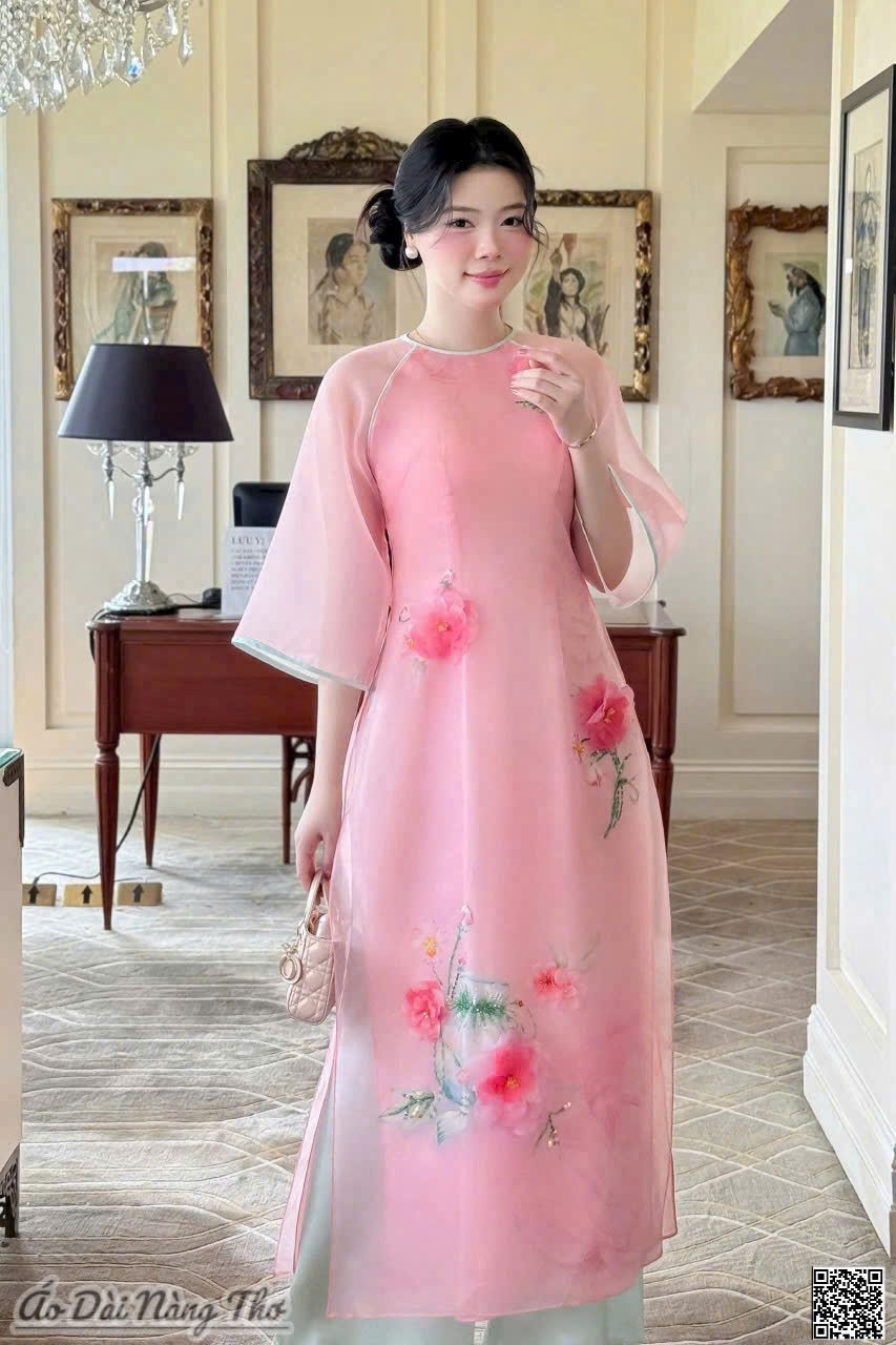 Áo Dài Cách Tân Hồng Tay Lỡ Loe Xinh Xắn