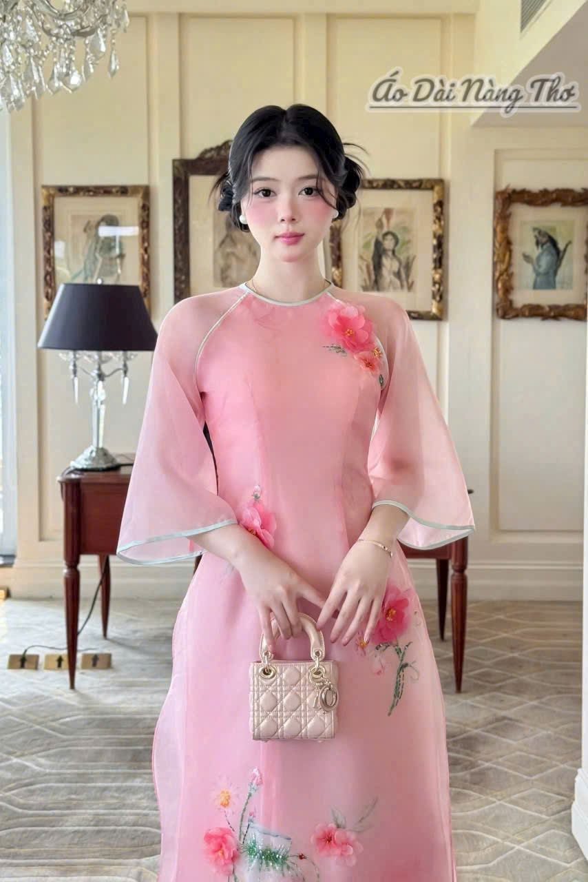 Áo Dài Cách Tân Hồng Tay Lỡ Loe Xinh Xắn
