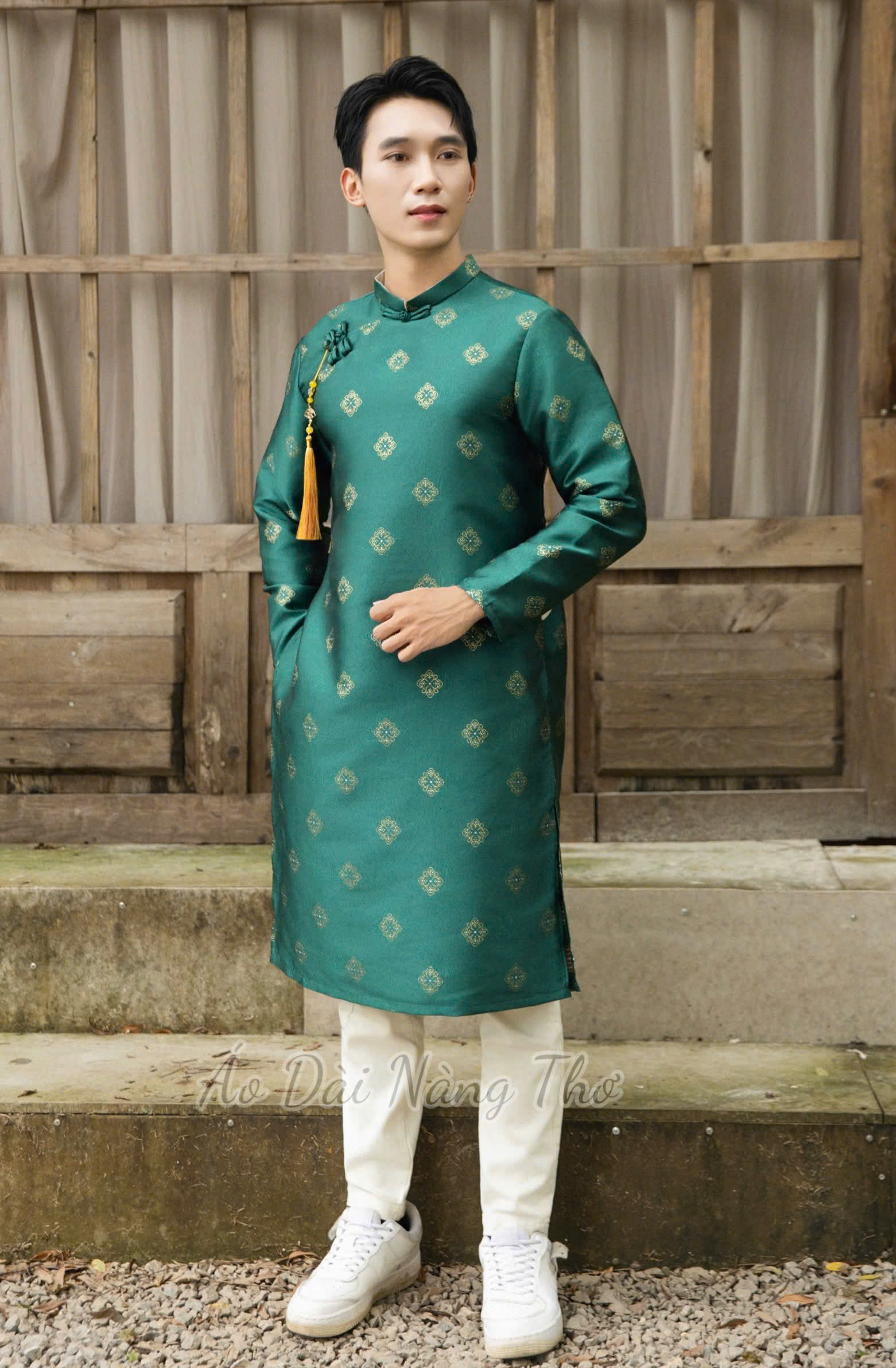 Áo Dài Nam Tafta Xanh Rêu Nút Tàu