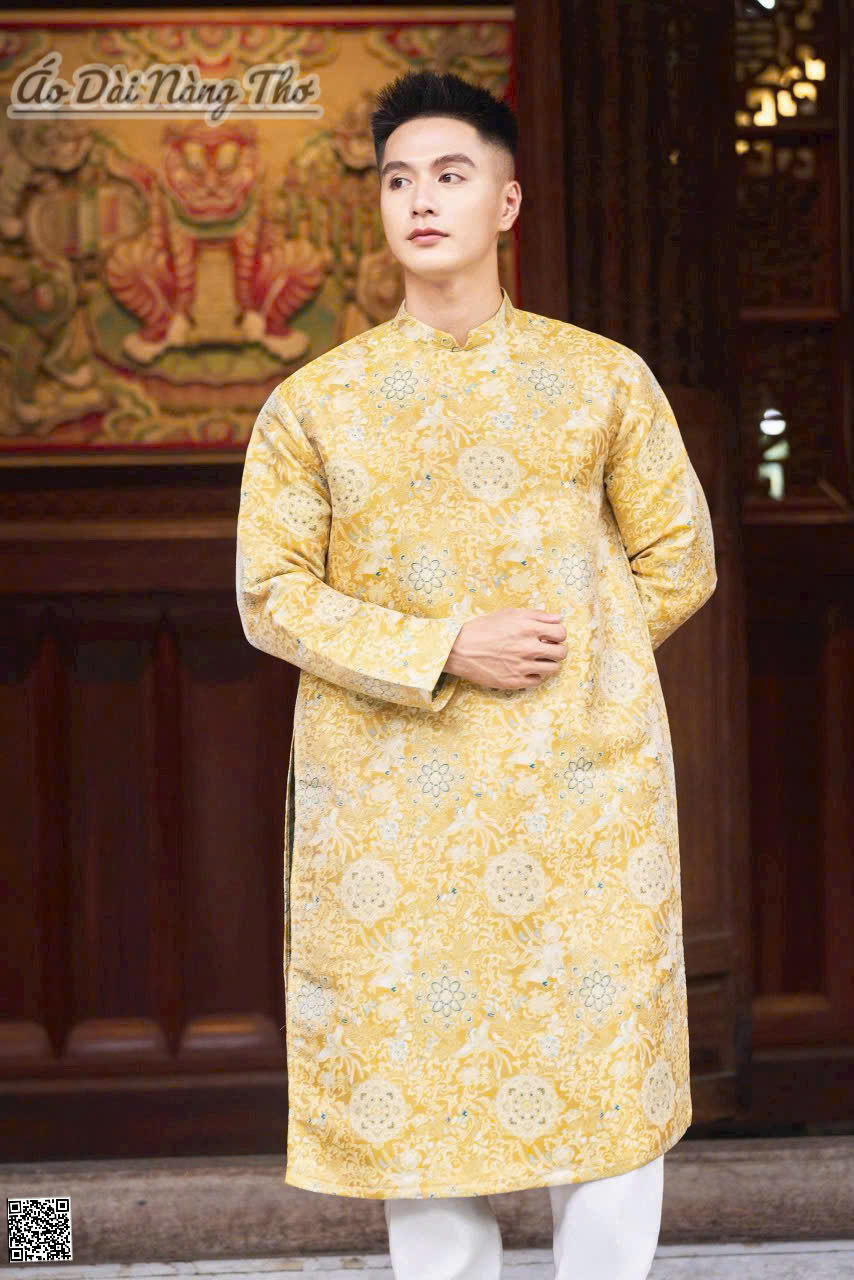 Áo Dài Nam Gấm Vàng Họa Tiết Thổ Cẩm