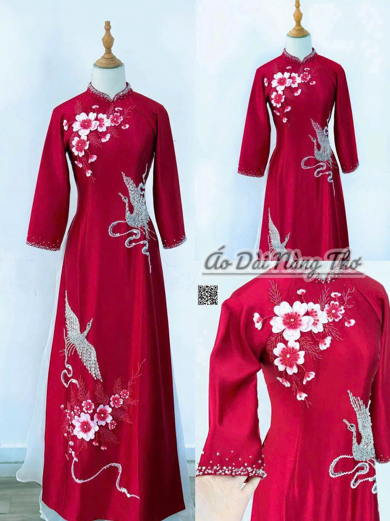 Áo Dài Bà Sui Lụa Đỏ Họa Tiết Hoa Phối Hạc