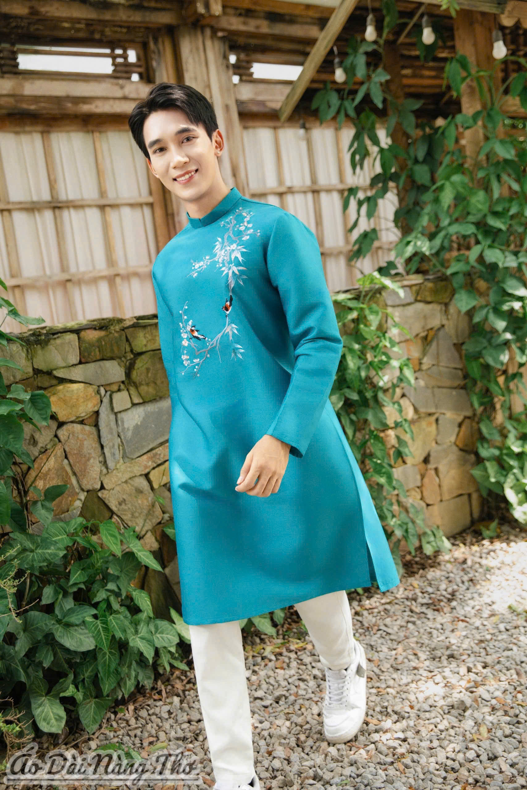 Áo Dài Nam Tafta Xanh Hoa Tiết Thêu