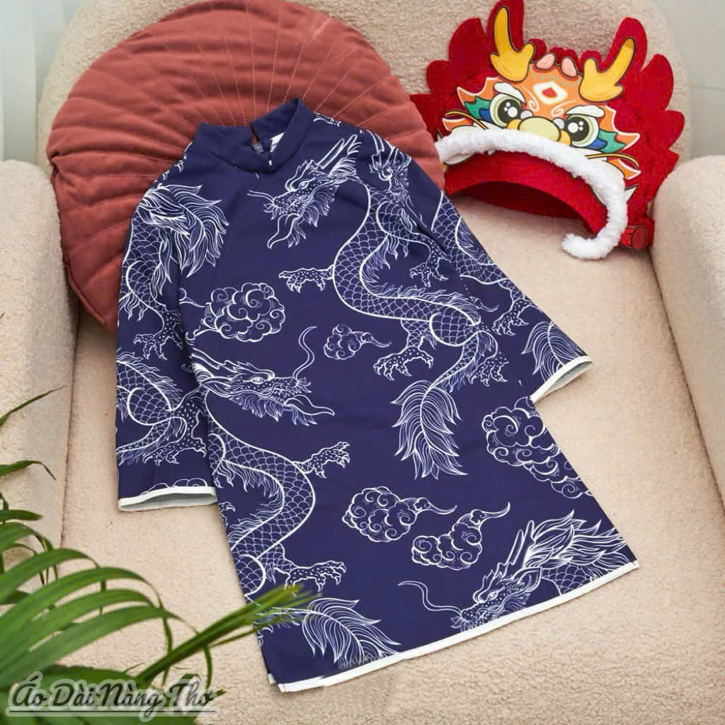 Áo Dài Bé Trai Tafta Xanh Đen Họa Tiết Rồng 3D