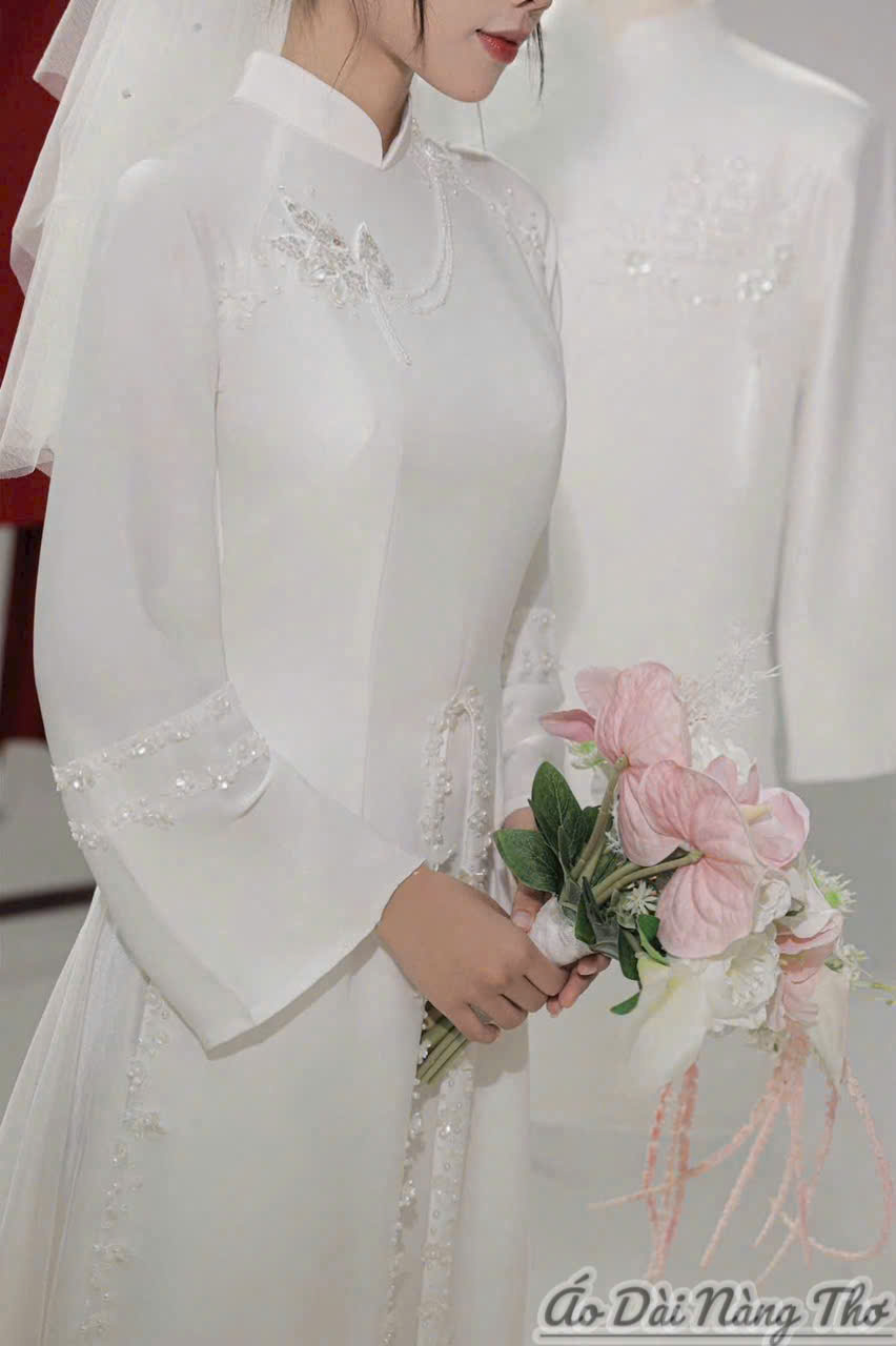 Áo Dài Cưới Trắng Lụa Tay Suông Loe