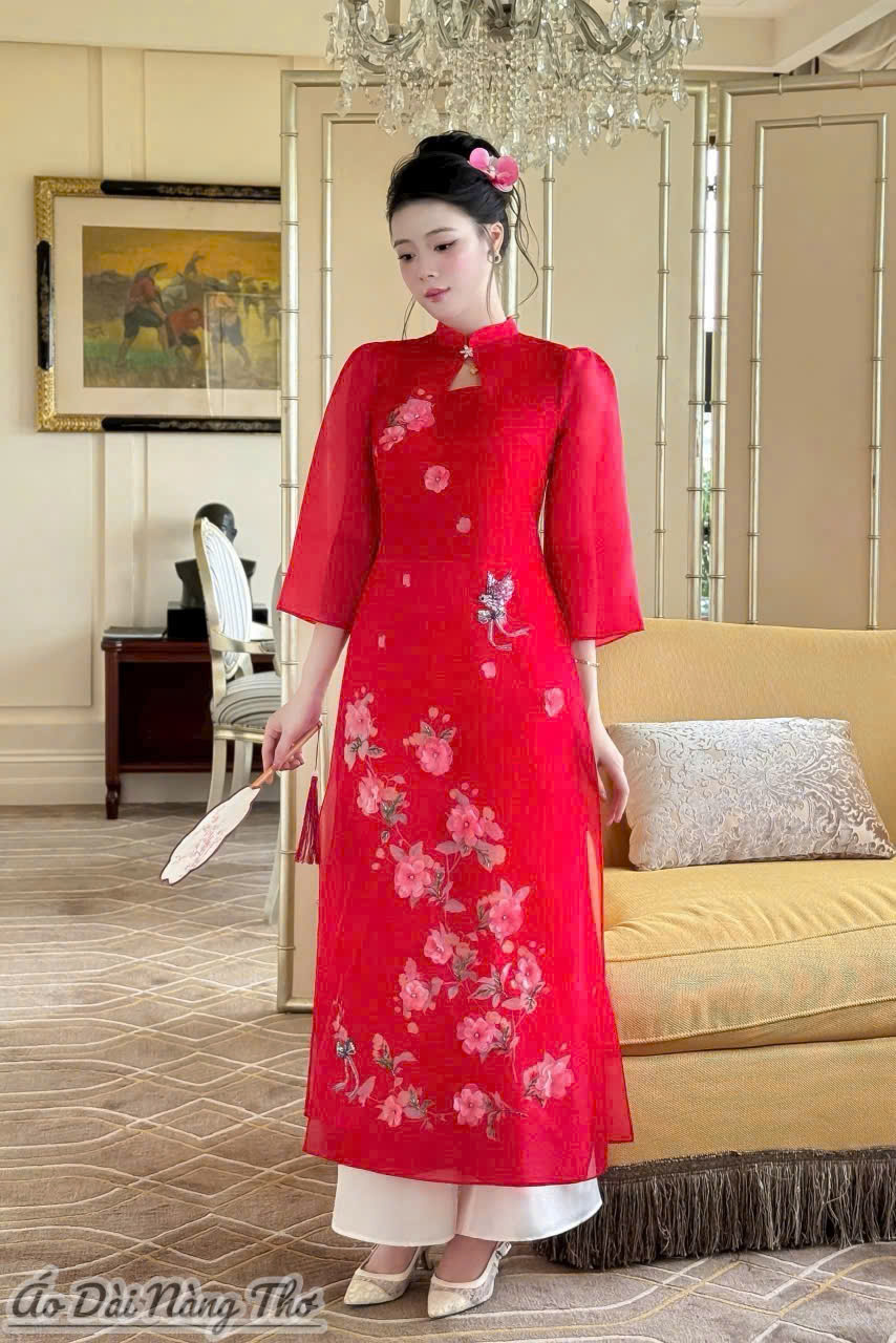 Áo Dài Cách Tân Voan Đỏ Tay Lỡ Đáng Yêu