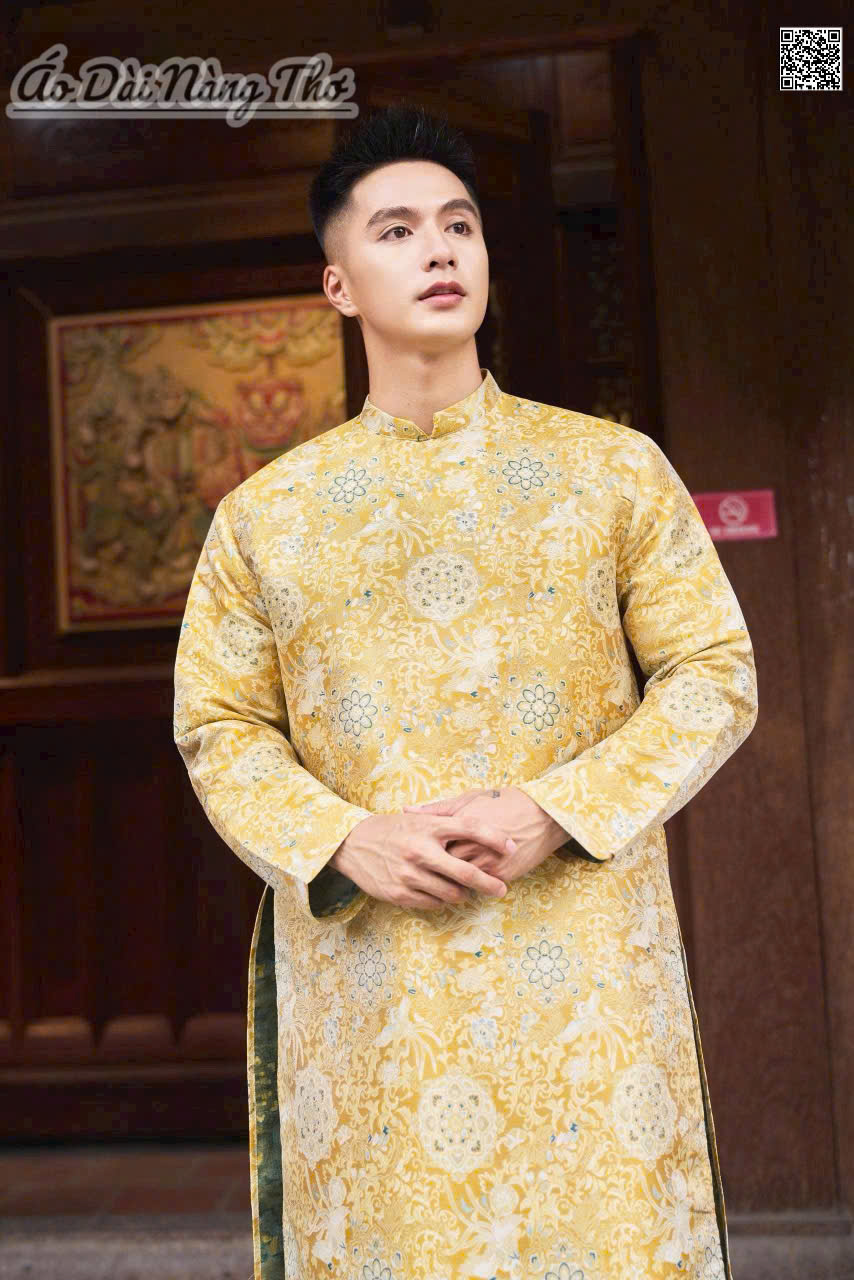 Áo Dài Nam Gấm Vàng Họa Tiết Thổ Cẩm