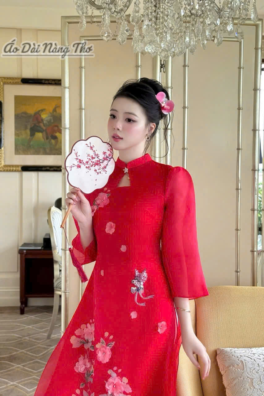 Áo Dài Cách Tân Voan Đỏ Tay Lỡ Đáng Yêu