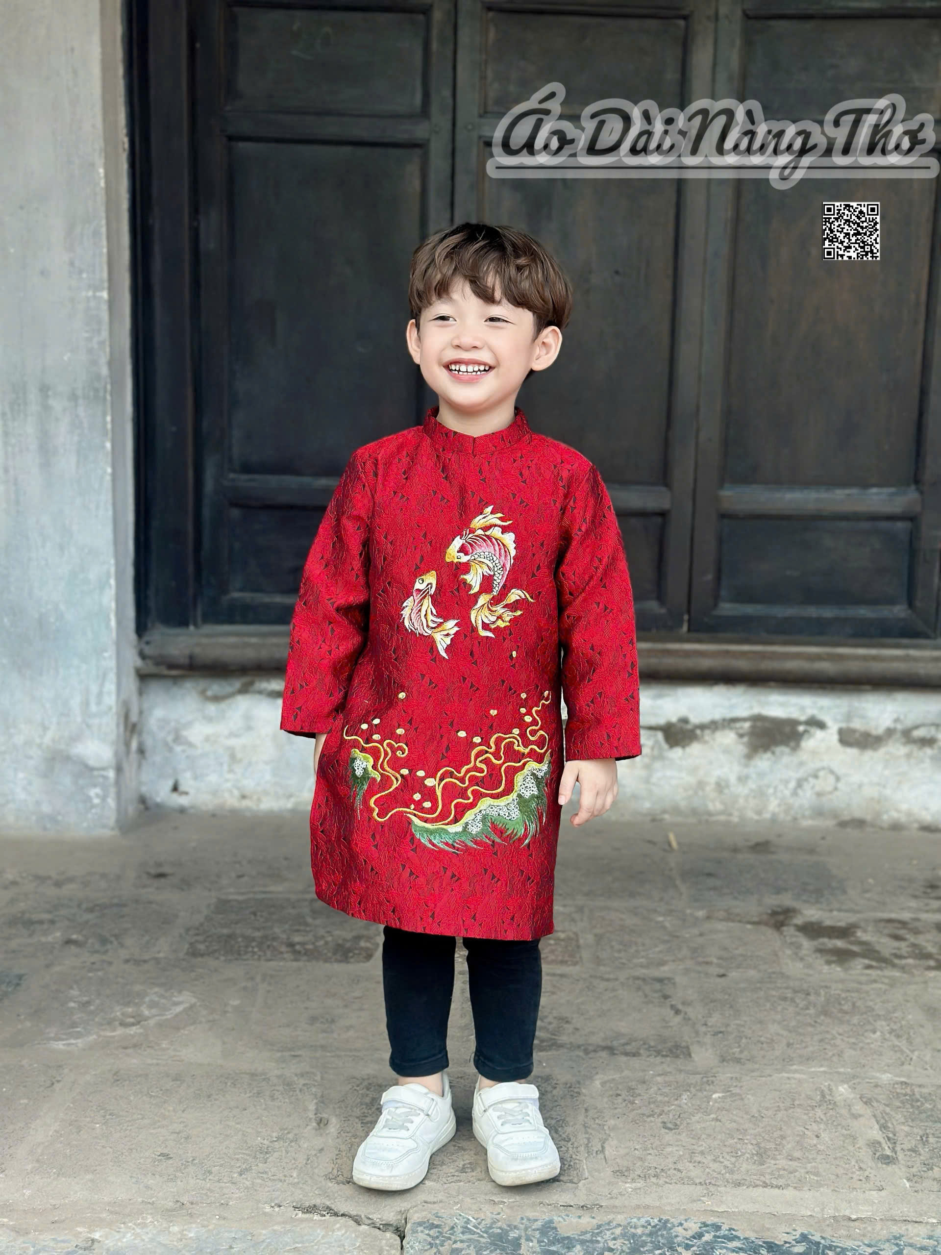 Áo Dài Bé Trai Gấm Đỏ Họa Tiết Cá Chép