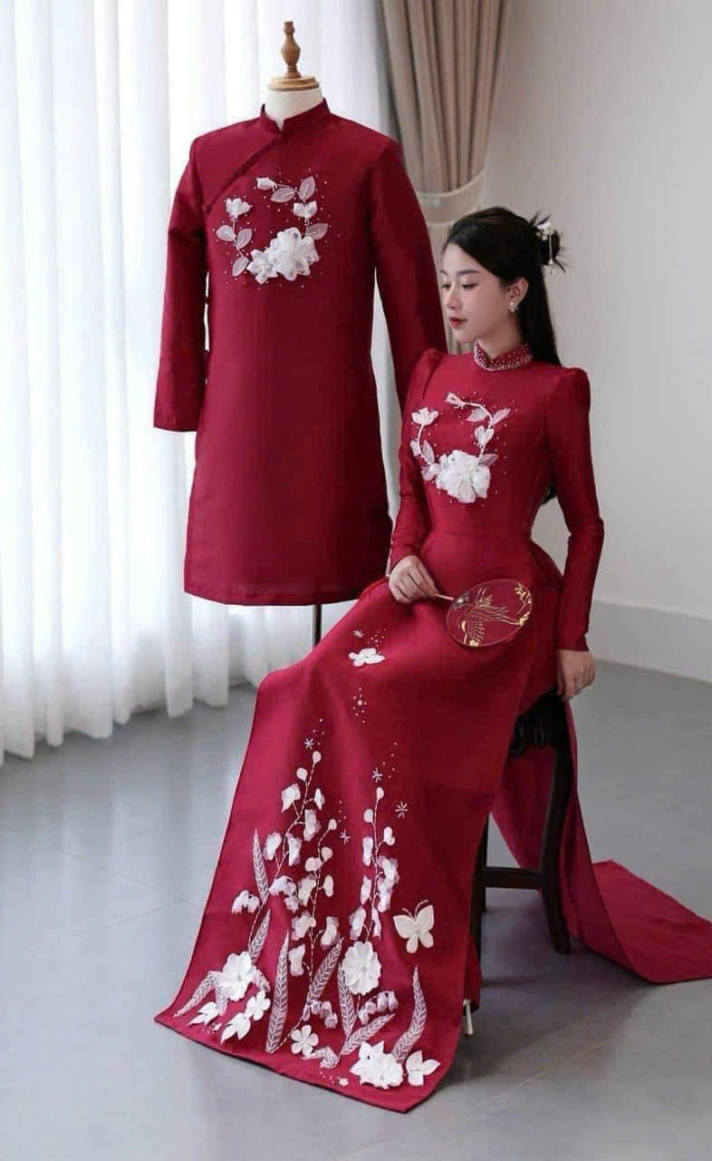 Áo Dài Cưới Họa Tiết Hoa Đính Trẻ Trung