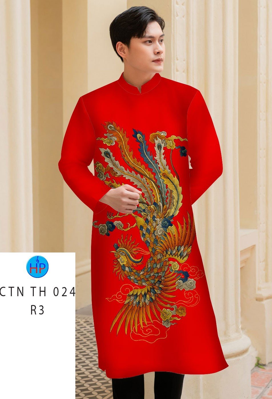 Áo Dài Nam Màu Đỏ In Họa Tiết 3D