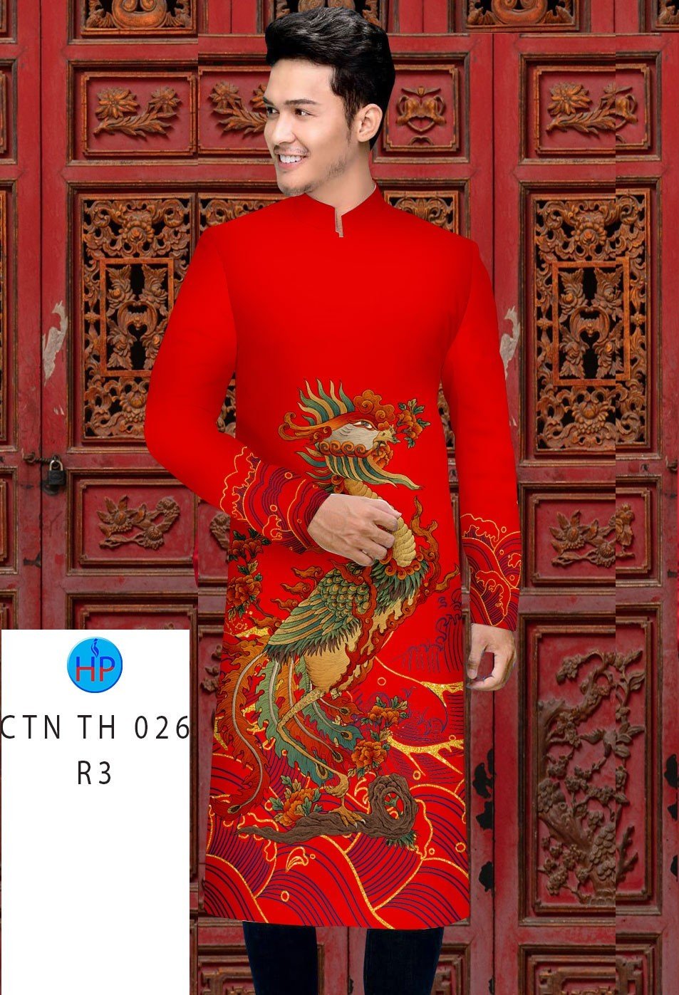 Áo Dài Nam Đỏ In Họa Tiết 3D