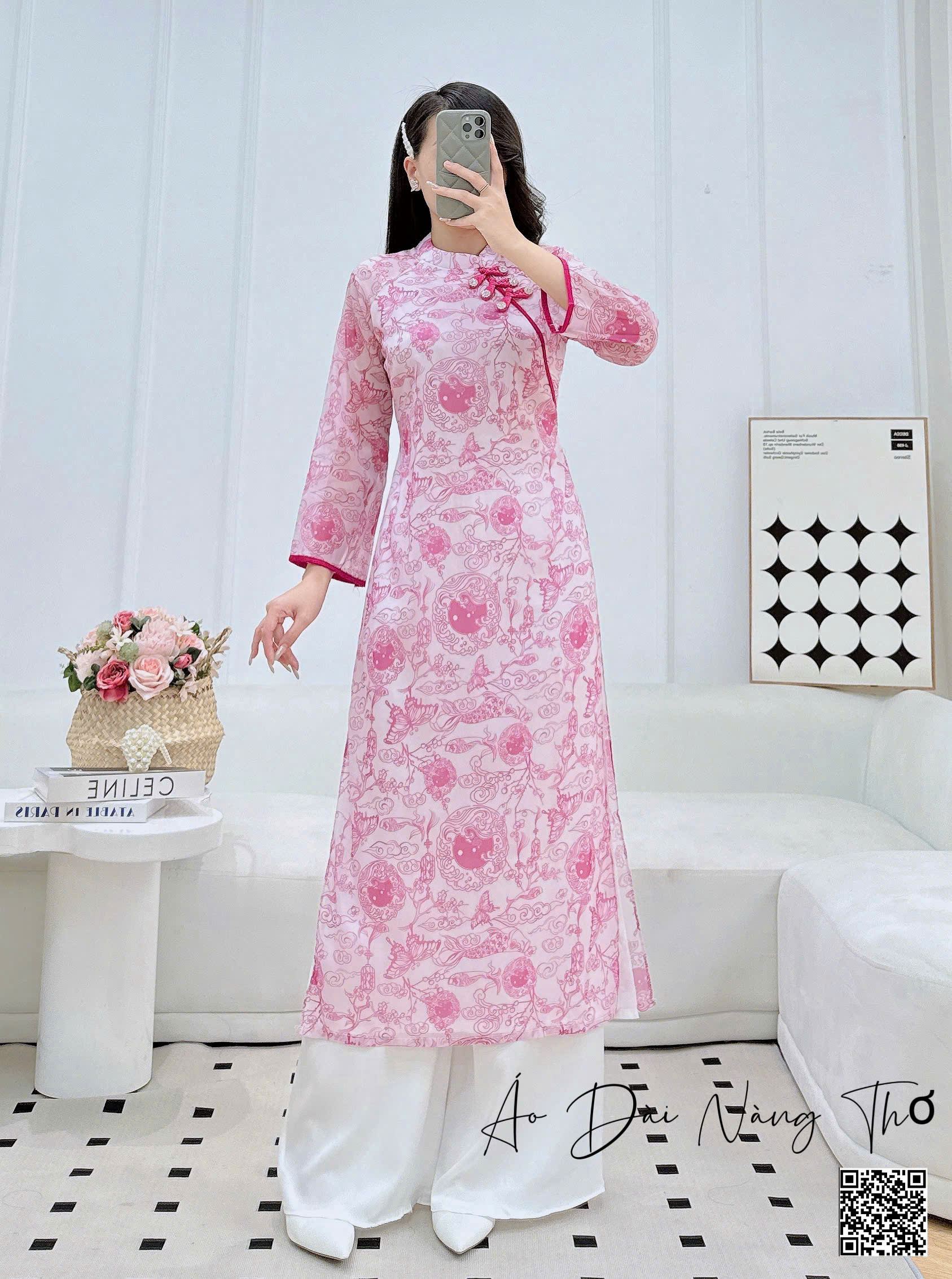 Áo Dài Cách Tân Voan Họa Tiết Thổ Cẩm Hồng Sen