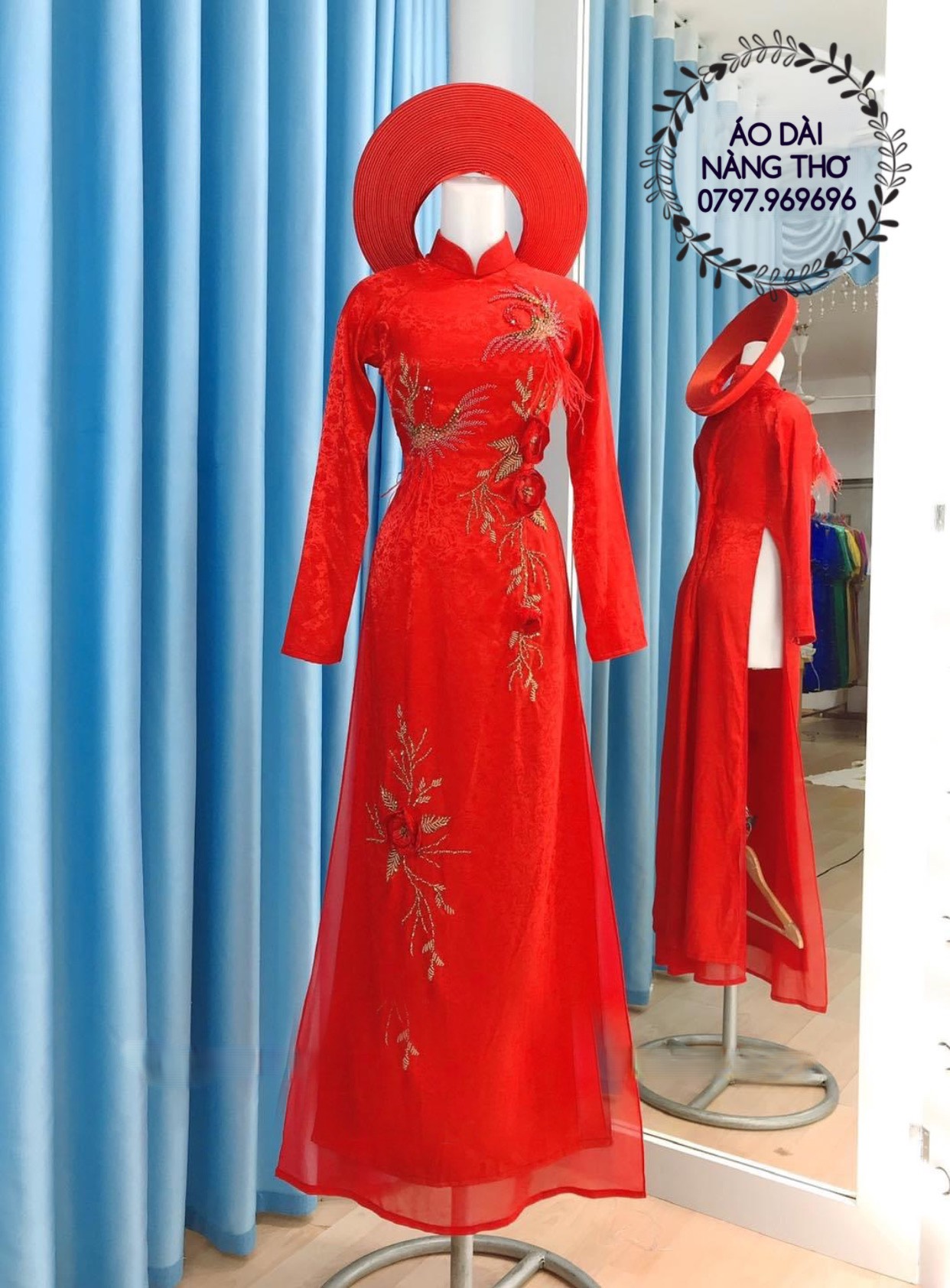 Áo Dài Cô Dâu Gấm Đỏ Kết Họa Tiết Cao Cấp
