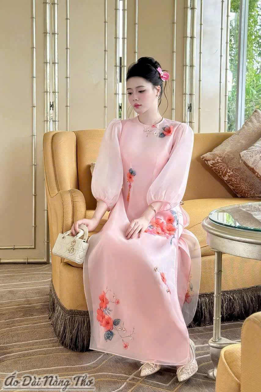 Áo Dài Cách Tân Voan Hồng Tay Lỡ Phồng