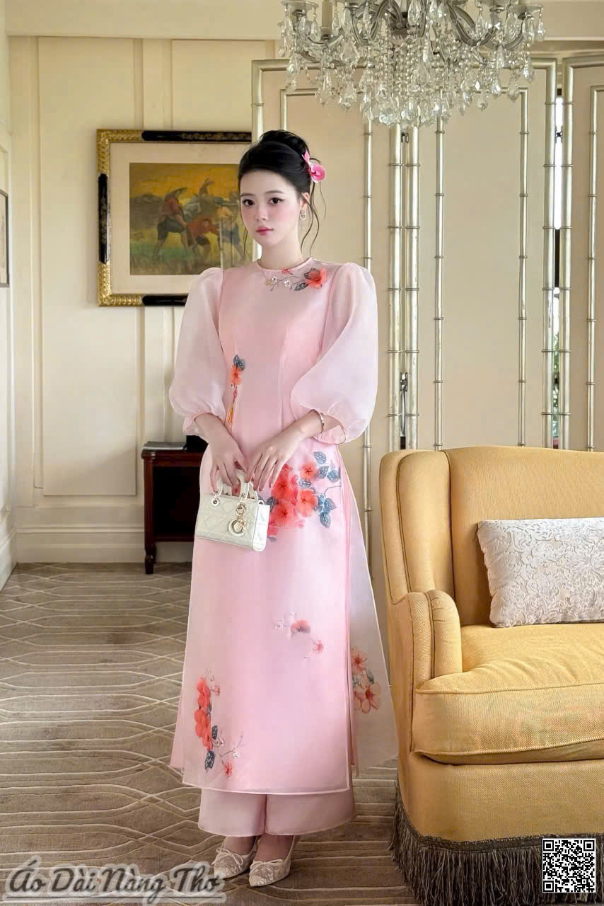 Áo Dài Cách Tân Voan Hồng Tay Lỡ Phồng