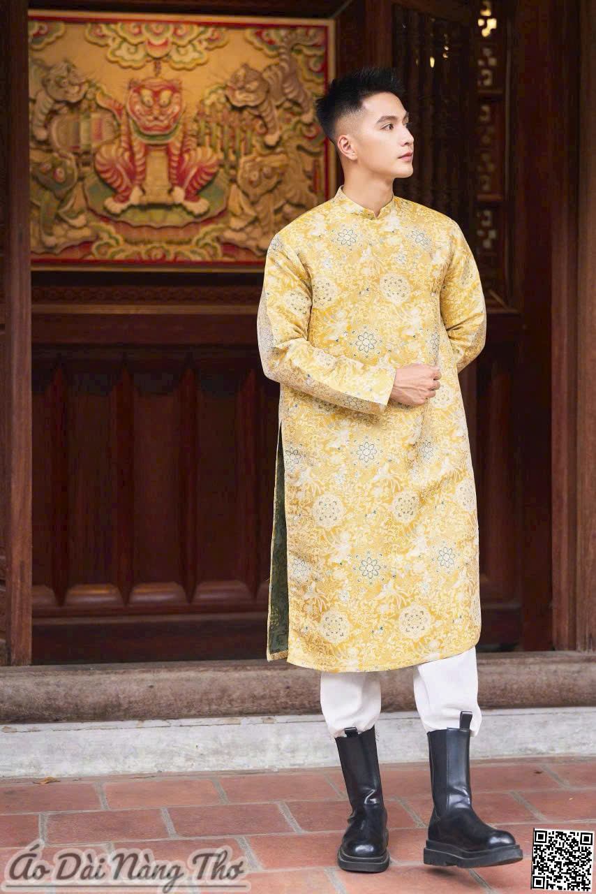 Áo Dài Nam Gấm Vàng Họa Tiết Thổ Cẩm