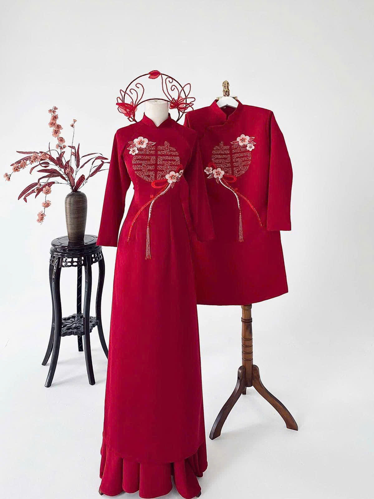 Áo Dài Cưới Họa Tiết Song Hỷ Cách Điệu