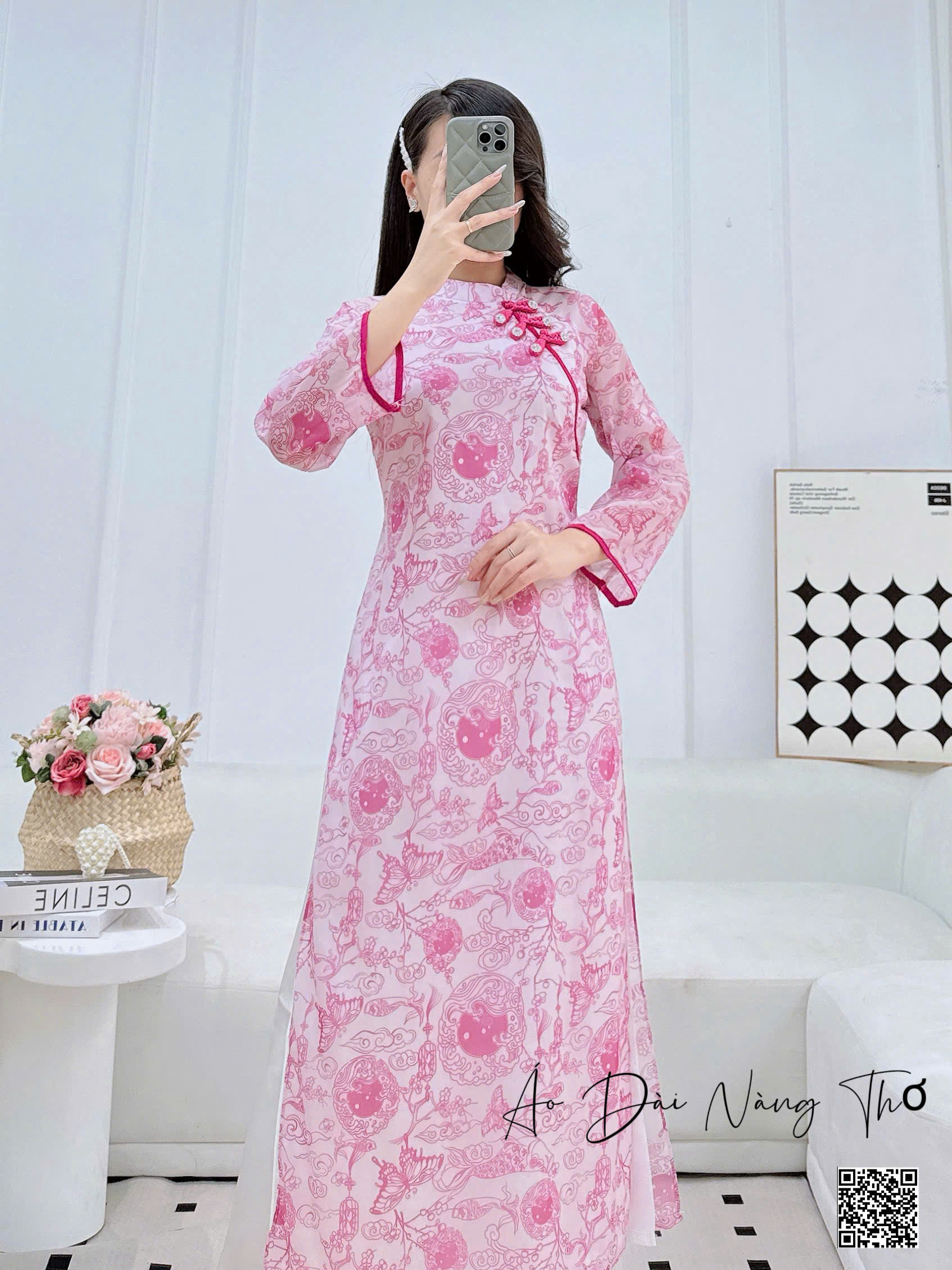 Áo Dài Cách Tân Voan Họa Tiết Thổ Cẩm Hồng Sen