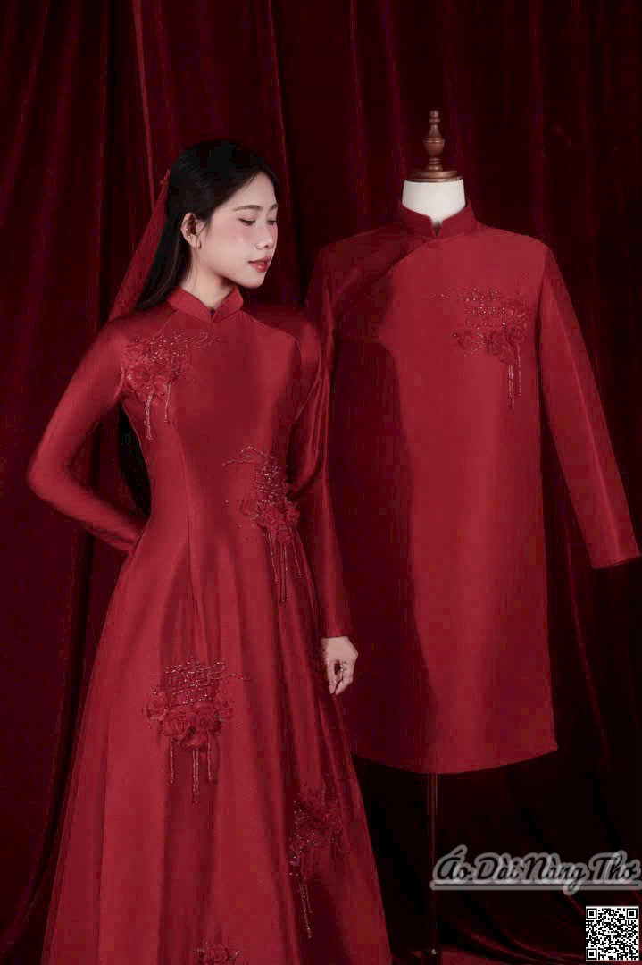 Áo Dài Cưới Đỏ Họa Tiết Hoa Nổi