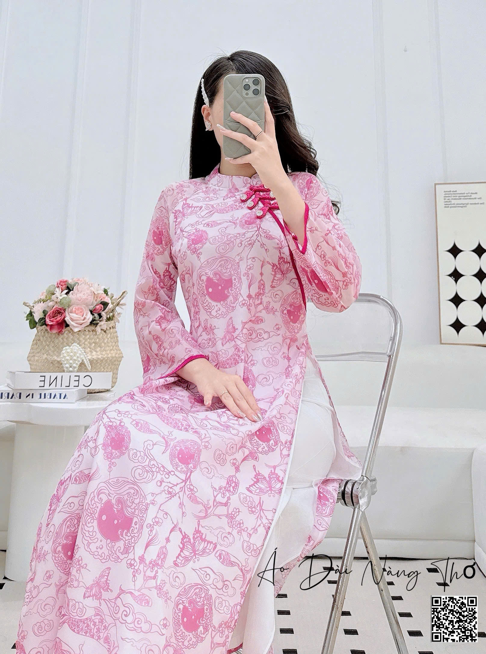 Áo Dài Cách Tân Voan Họa Tiết Thổ Cẩm Hồng Sen